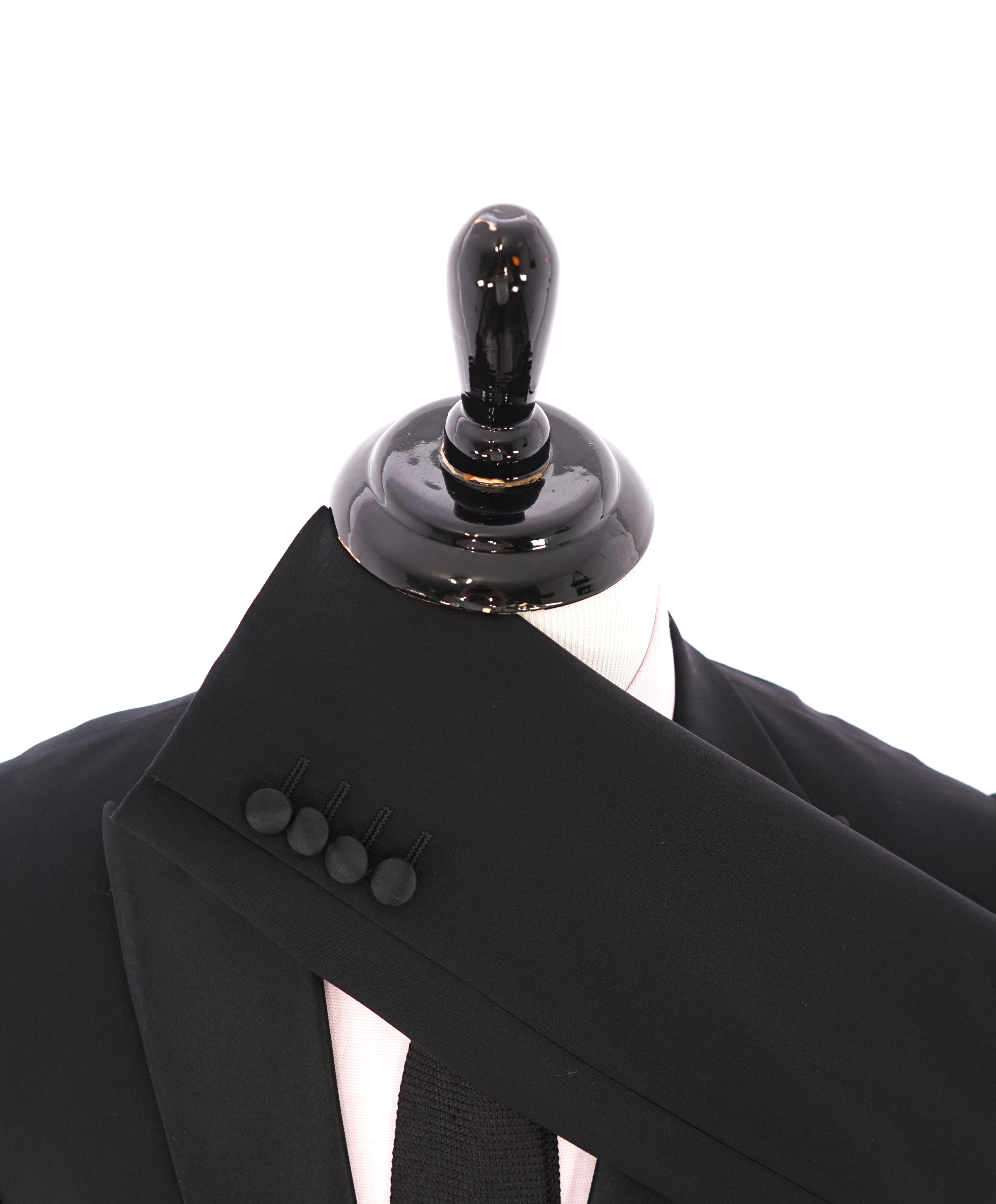 ARMANI COLLEZIONI -Wide Peak Lapel “M Line” Black Satin Detailed Tuxedo - 42R