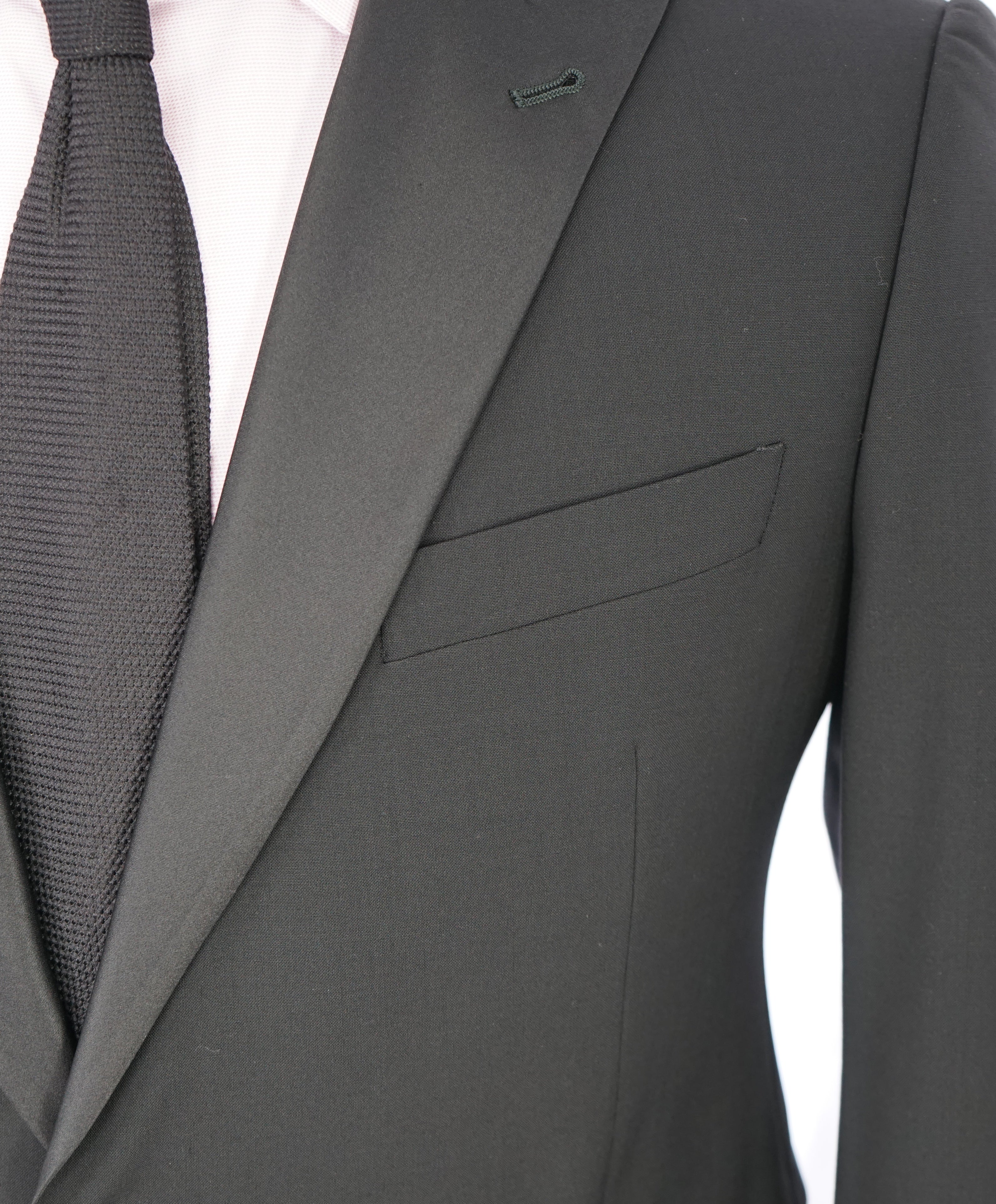 ARMANI COLLEZIONI -Wide Peak Lapel “M Line” Black Satin Detailed Tuxedo - 42R