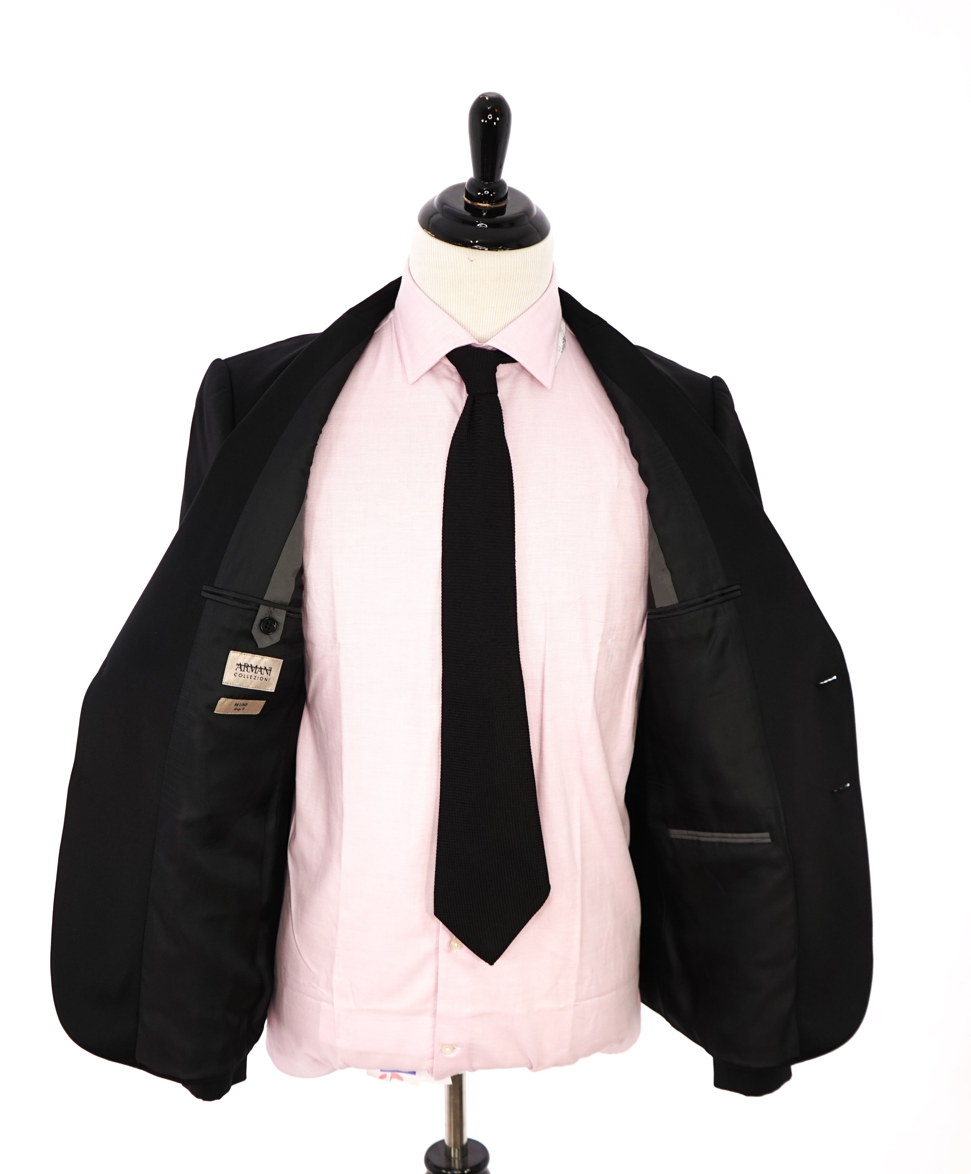 ARMANI COLLEZIONI -Wide Peak Lapel “M Line” Black Satin Detailed Tuxedo - 42R