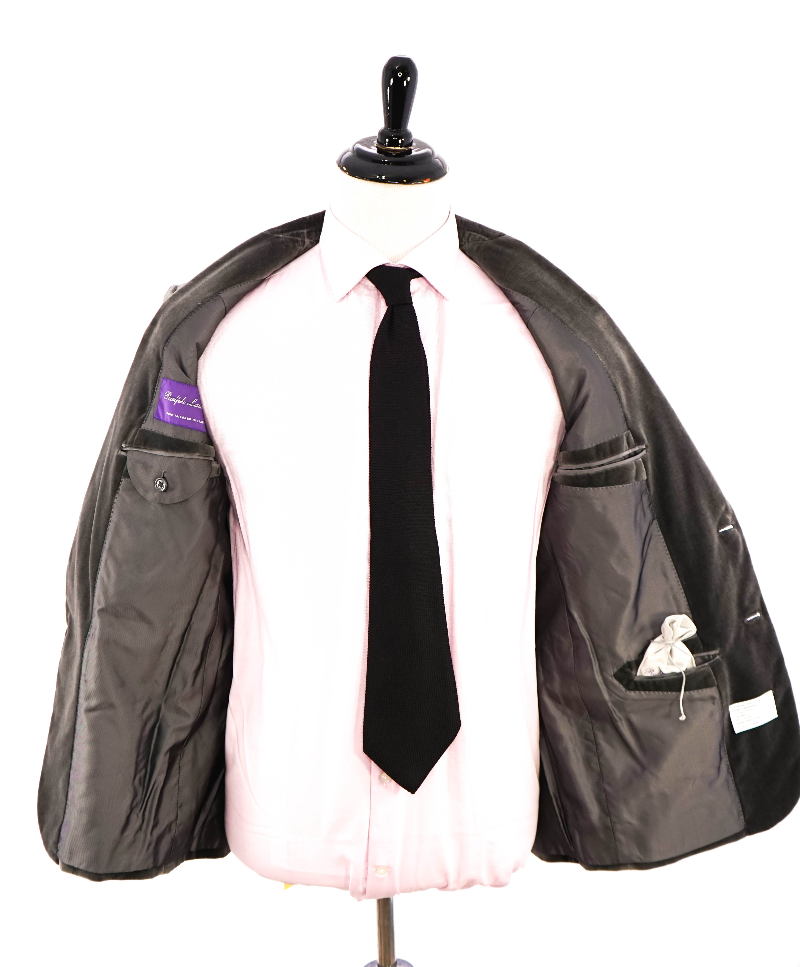 RALPH LAUREN PURPLE LABEL - *VELVET* Gray Solid Notch Lapel Blazer - 36S