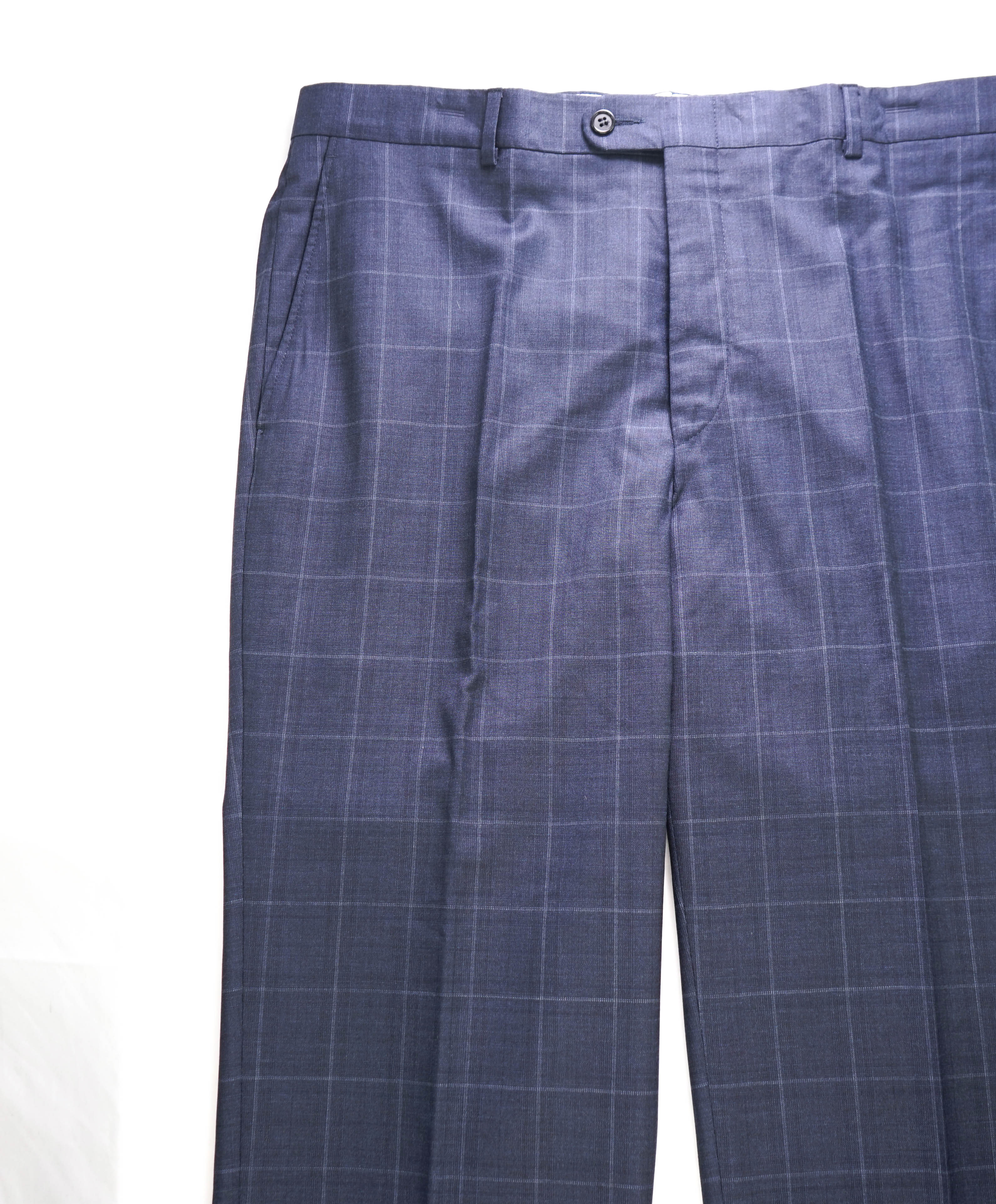 HICKEY FREEMAN - Mid Blue Windowpane Check Wool Flat Front Dress Pants - 36W
