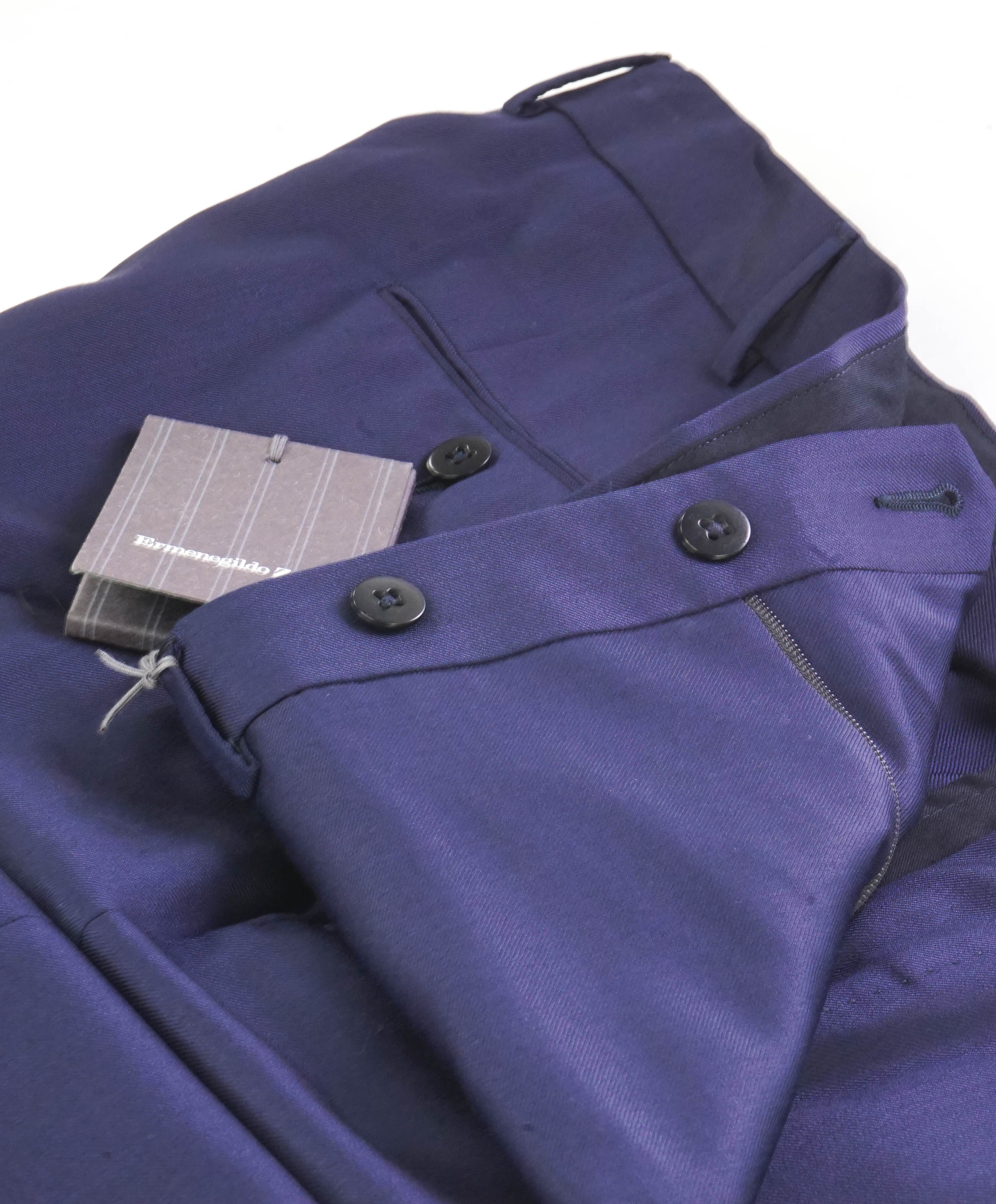 $795 ERMENEGILDO ZEGNA - Blue SILK “ACHILLFARM" Flat Front Trousers- 40W