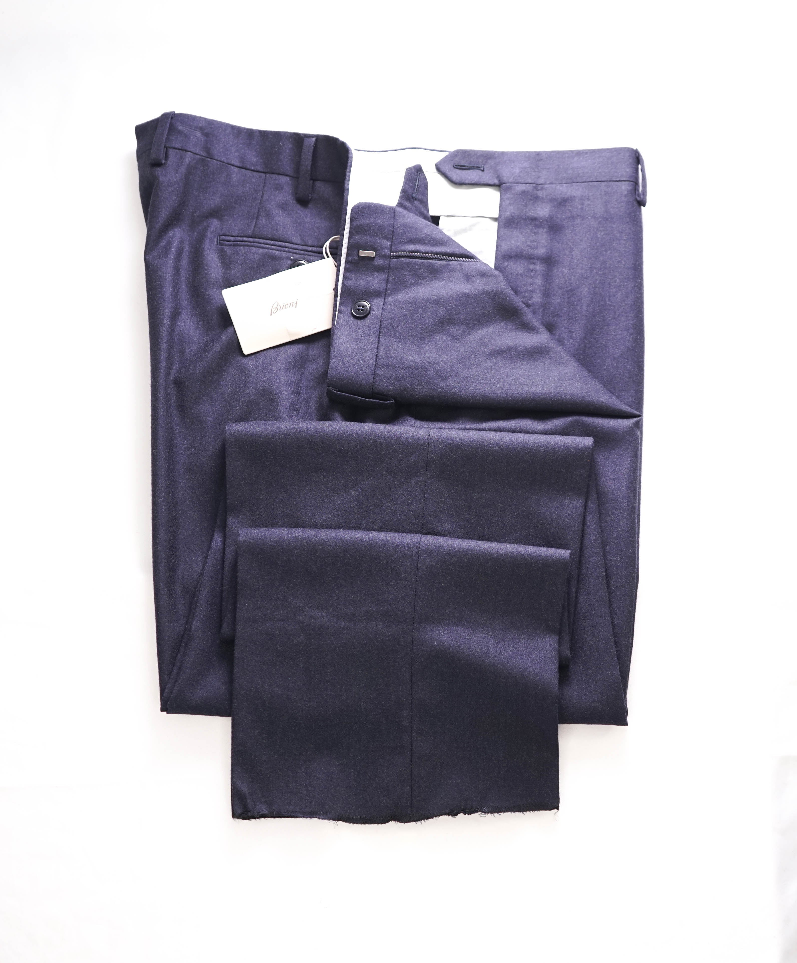 BRIONI - "TIGULLIO" Slim FLANNEL Heathered Blue Flat Front Dress Pants - 40W