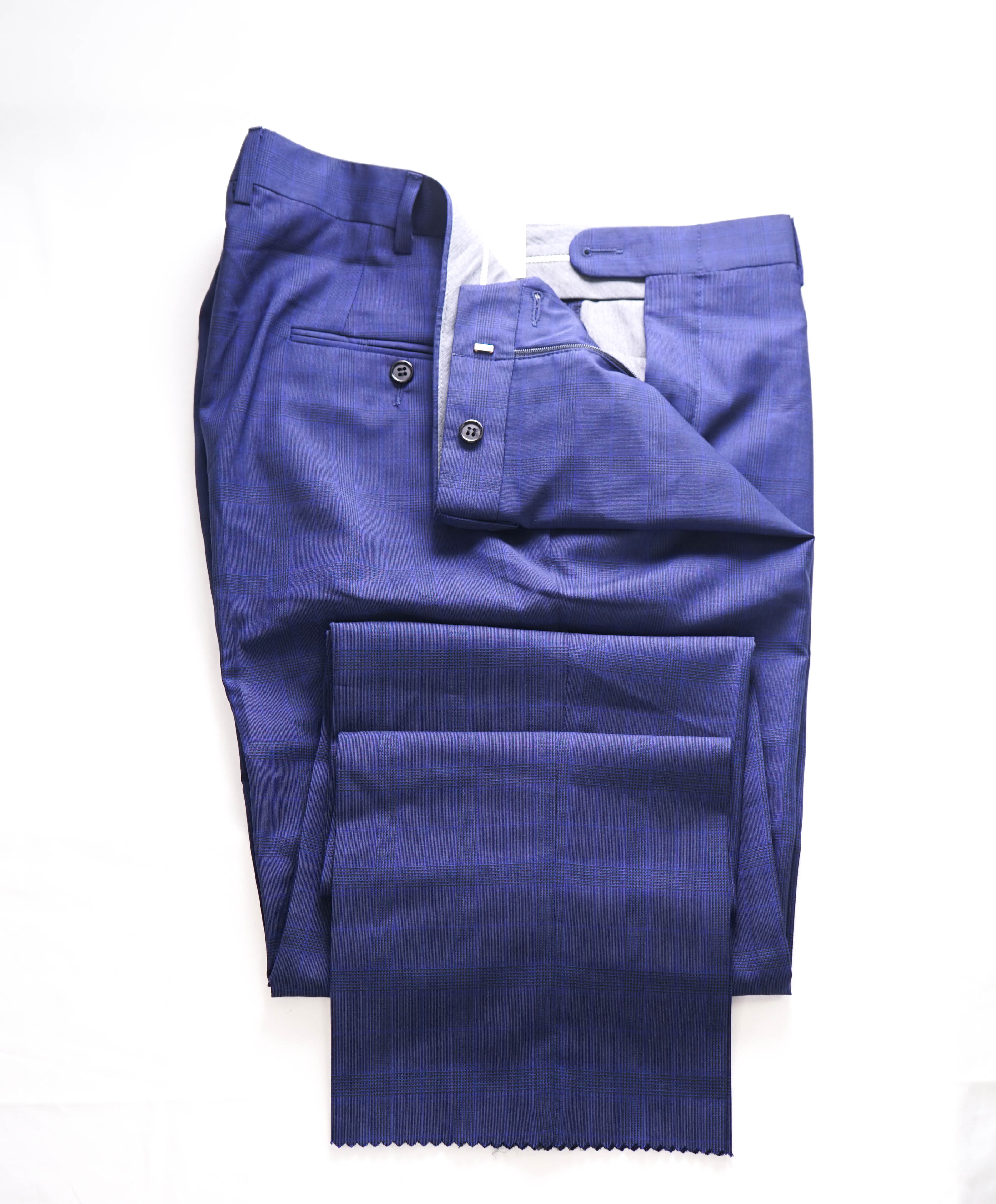 HICKEY FREEMAN - Blue Plaid Check Wool Flat Front Dress Pants - 38W