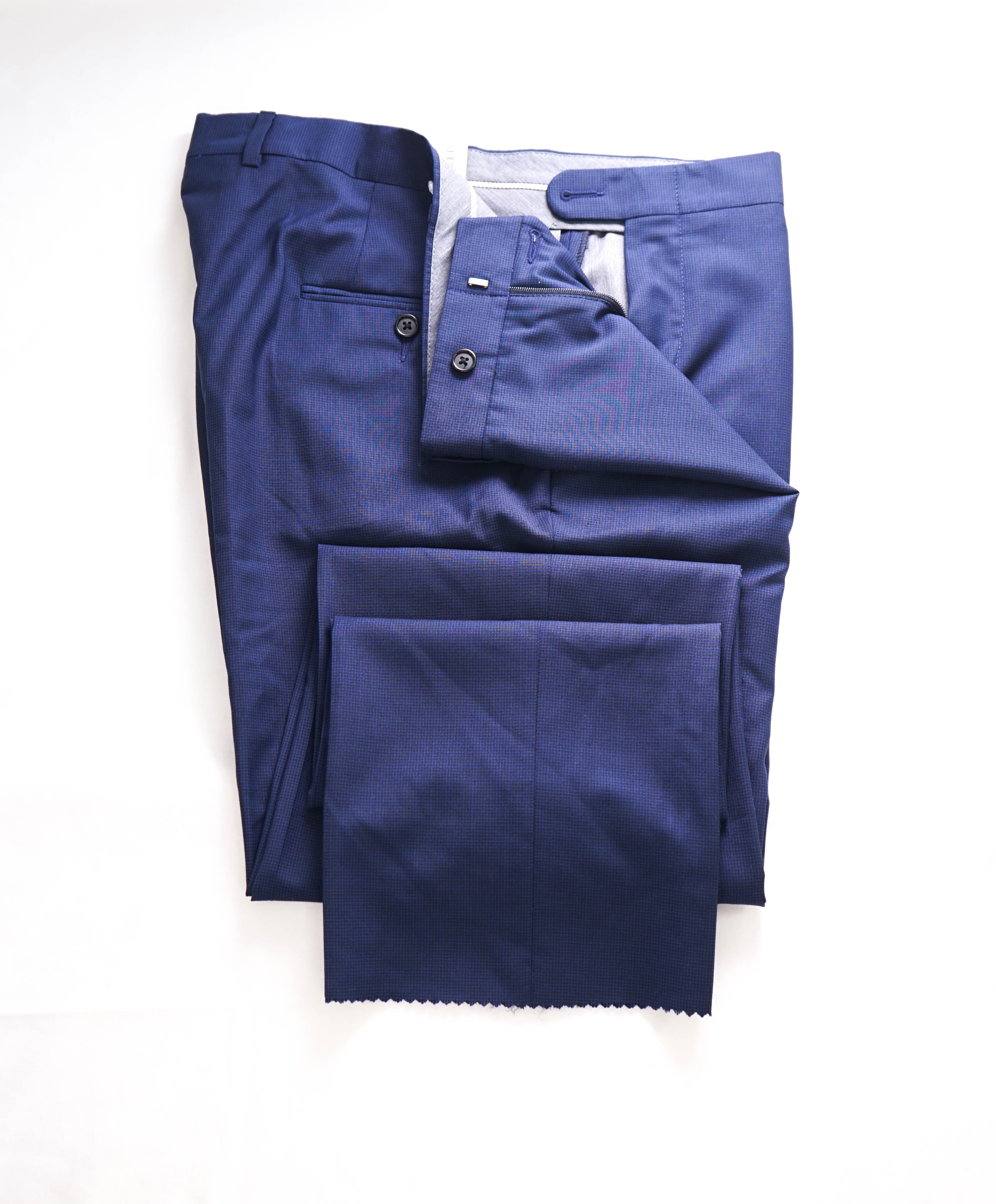 HICKEY FREEMAN - Blue Micro Houndstooth Wool Flat Front Dress Pants - 36W