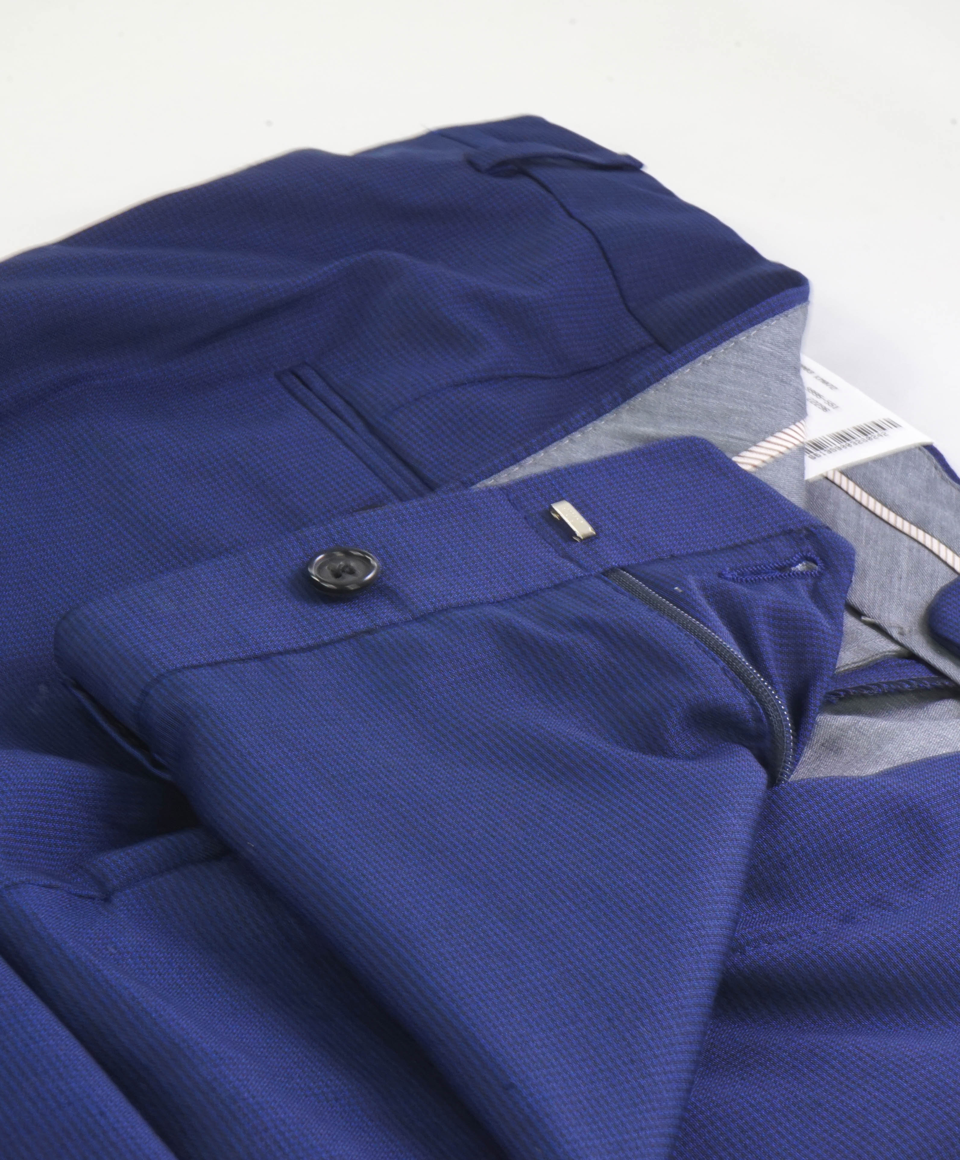 HICKEY FREEMAN - Blue Micro Houndstooth Wool Flat Front Dress Pants - 36W