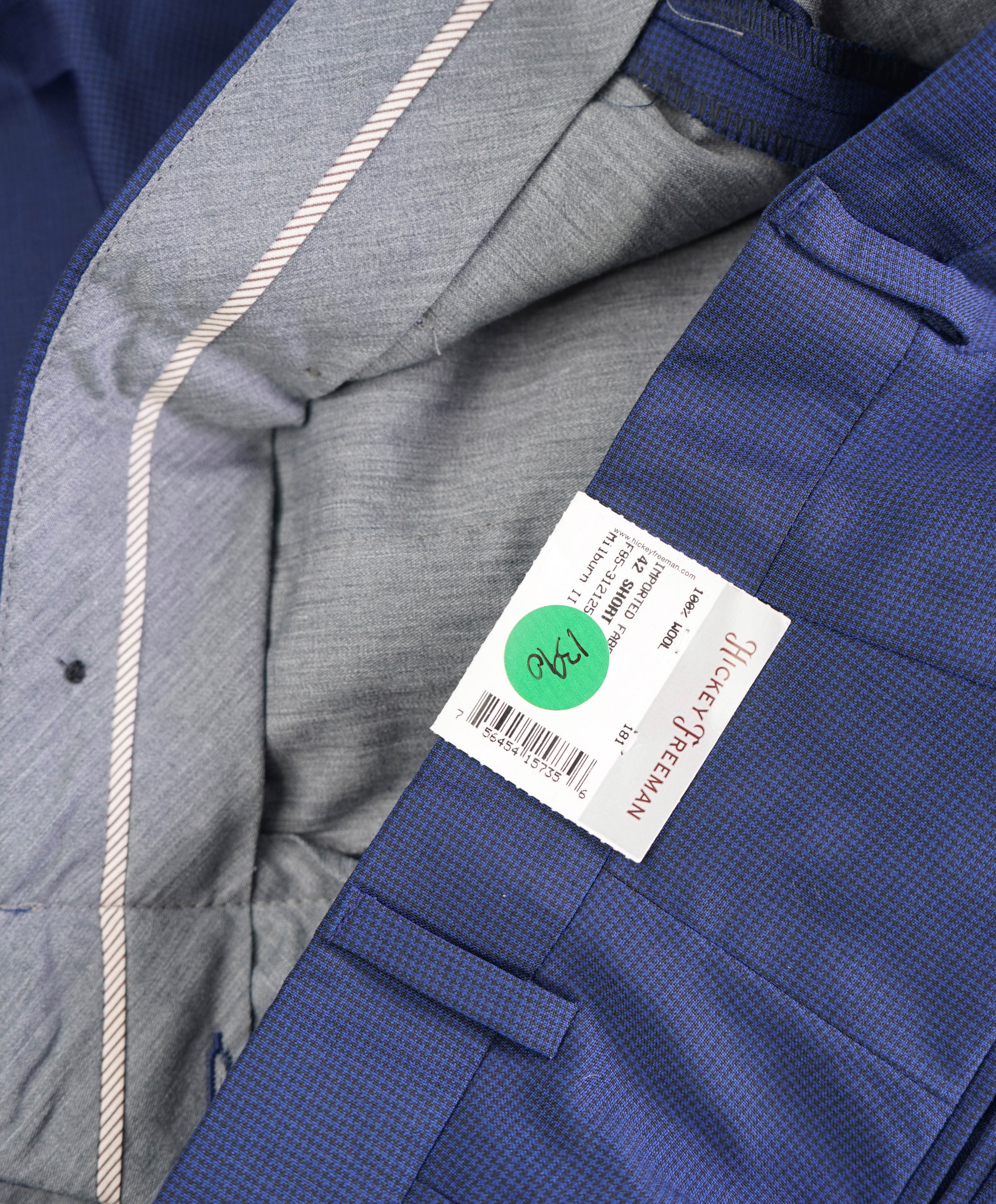 HICKEY FREEMAN - Blue Micro Houndstooth Wool Flat Front Dress Pants - 36W