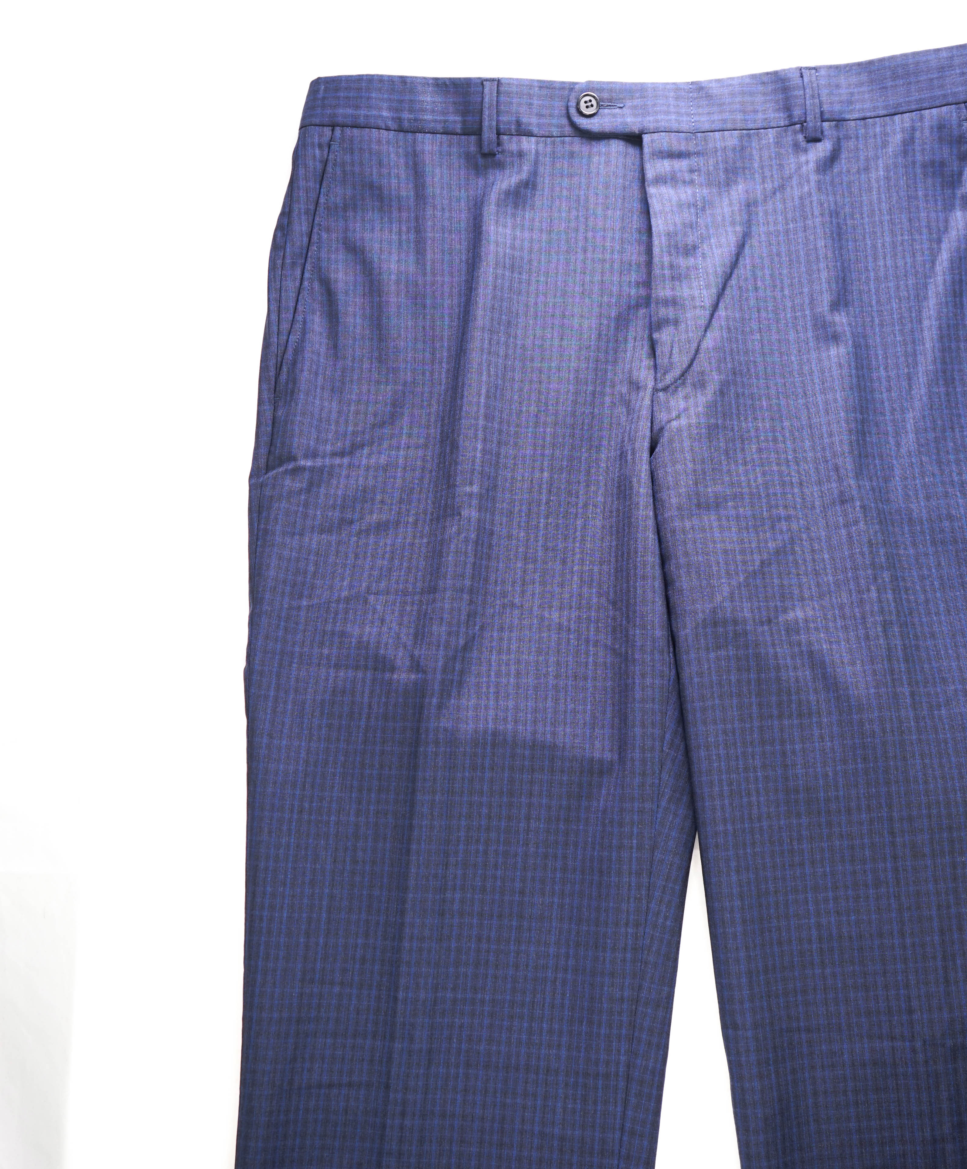 HICKEY FREEMAN - Blue & Cobalt Check Wool Flat Front Dress Pants - 36W