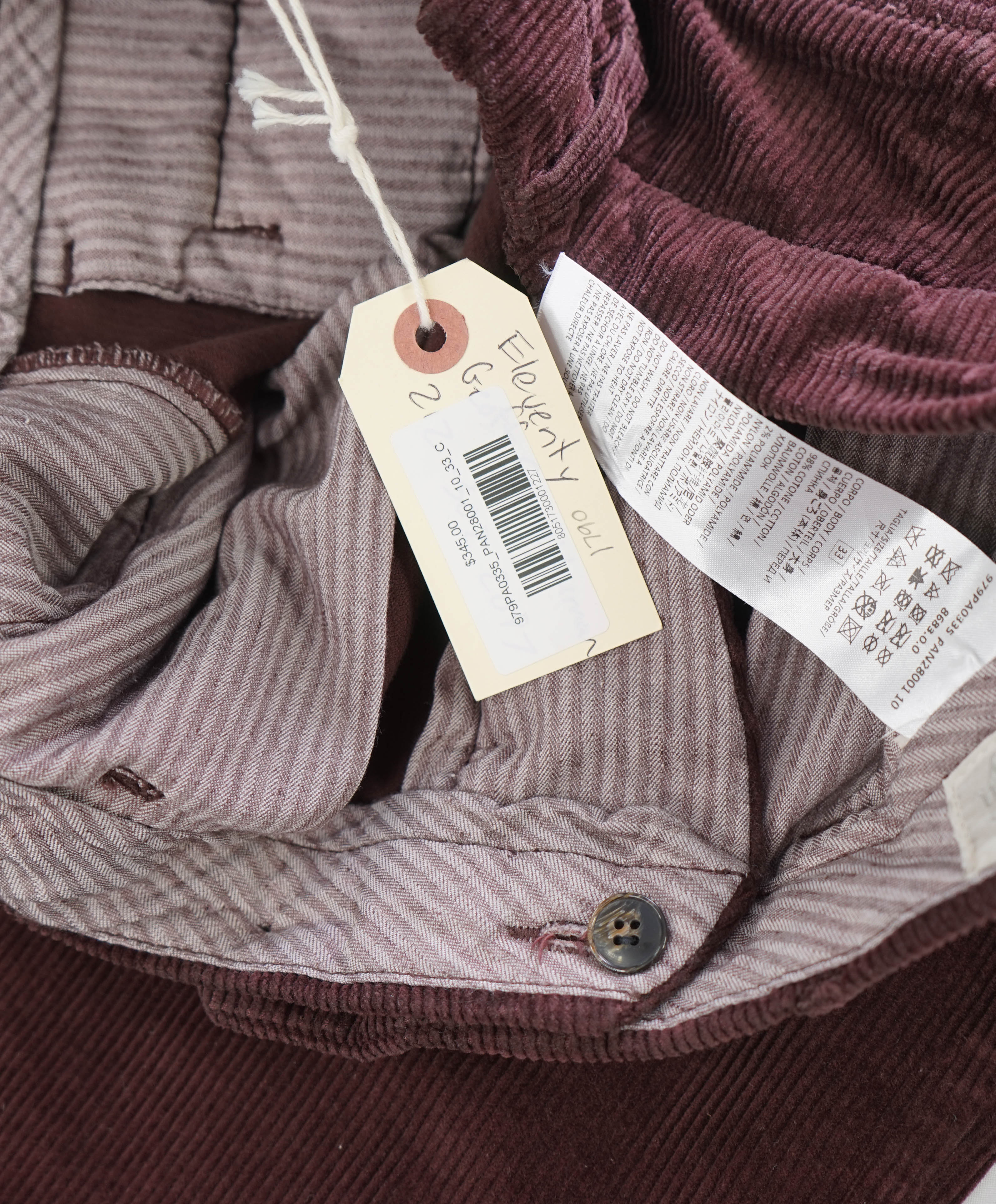 $345 ELEVENTY - Burgundy Brown Corduroy Chino Casual/Slim Pants- 33W