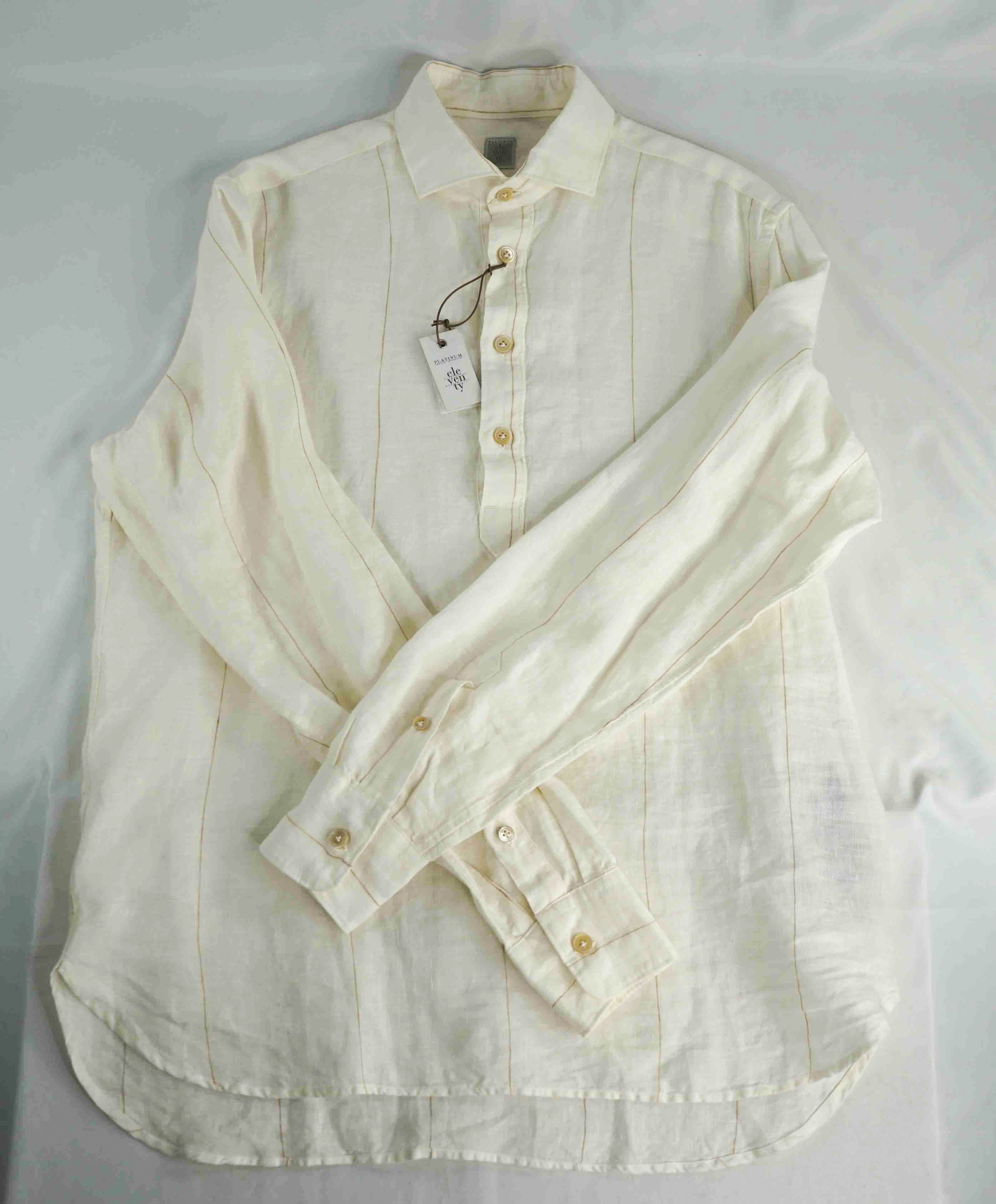 $395 ELEVENTY - Ivory/Camel *POP OVER LINEN* Button Down Shirt - M