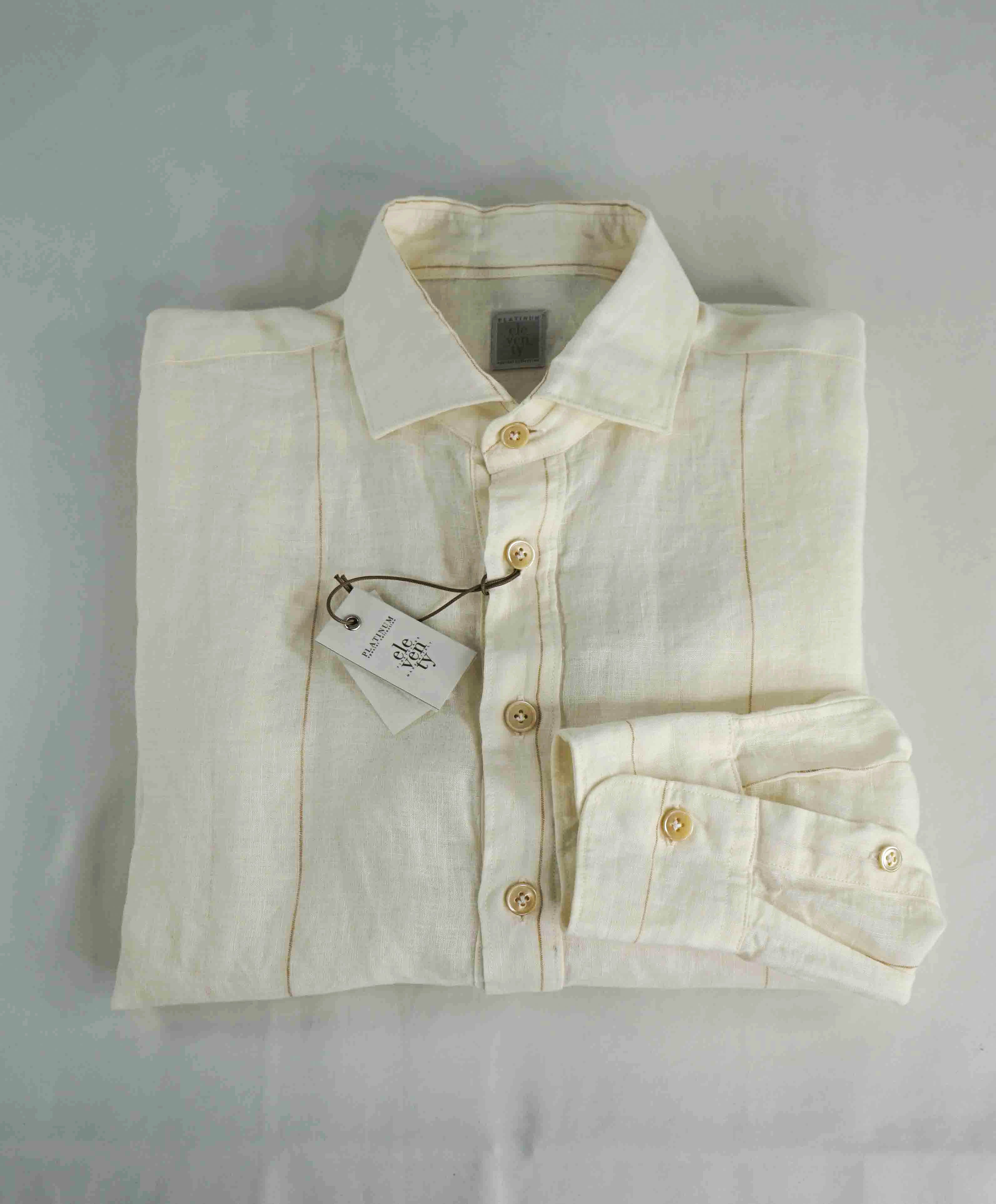 $395 ELEVENTY - Ivory/Camel *POP OVER LINEN* Button Down Shirt - M