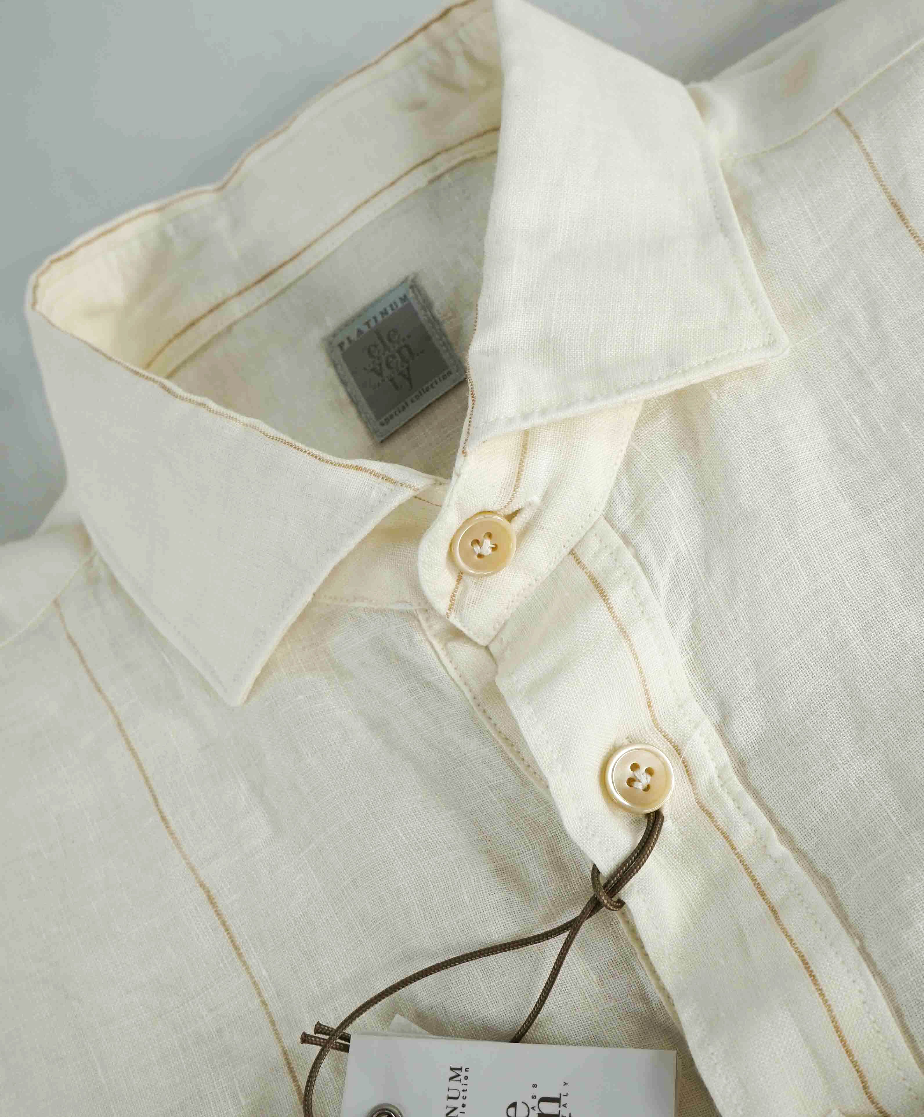 $395 ELEVENTY - Ivory/Camel *POP OVER LINEN* Button Down Shirt - M