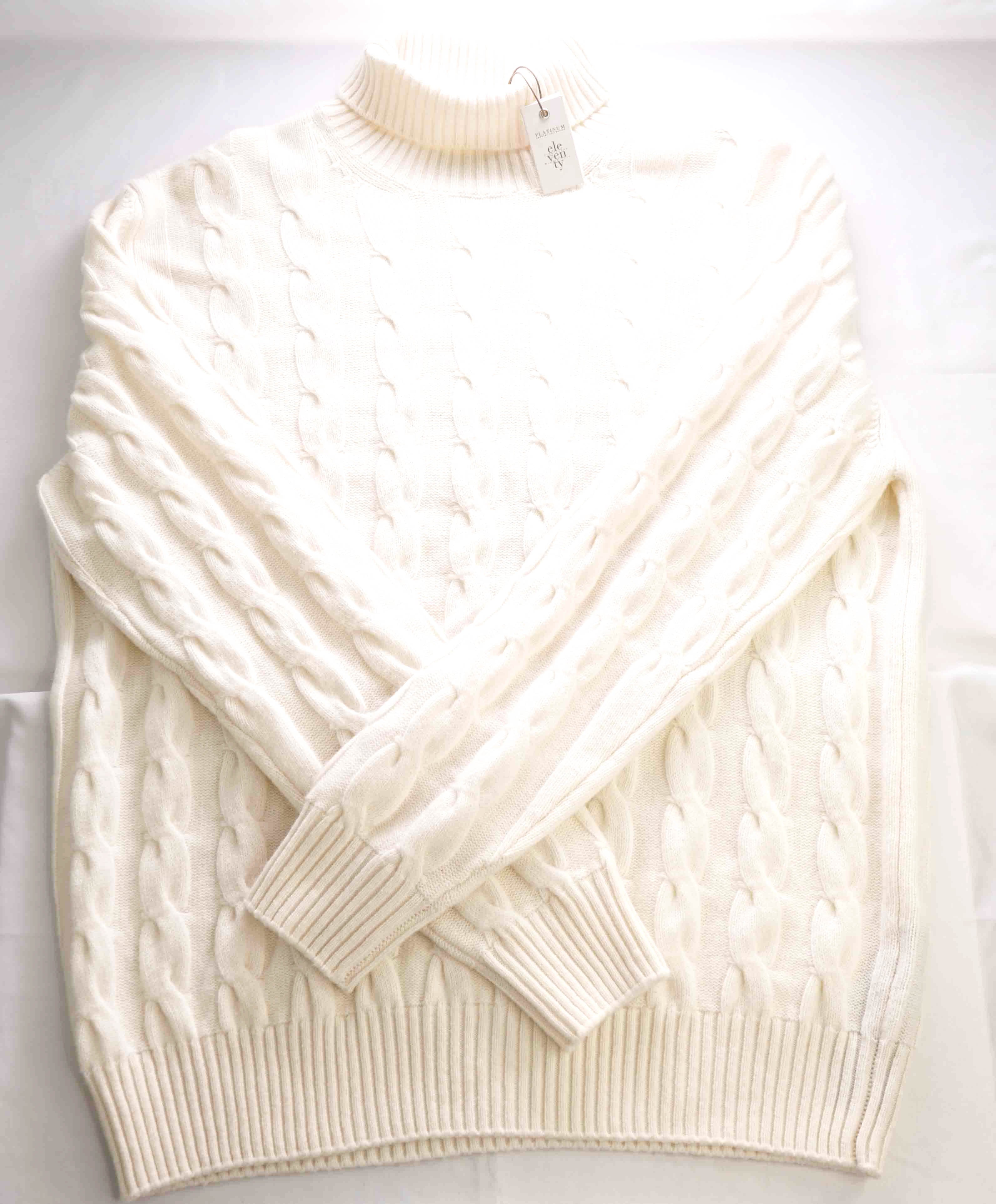 $1,095 ELEVENTY - *PURE CASHMERE* White Cable Knit Turtleneck Sweater - XXL