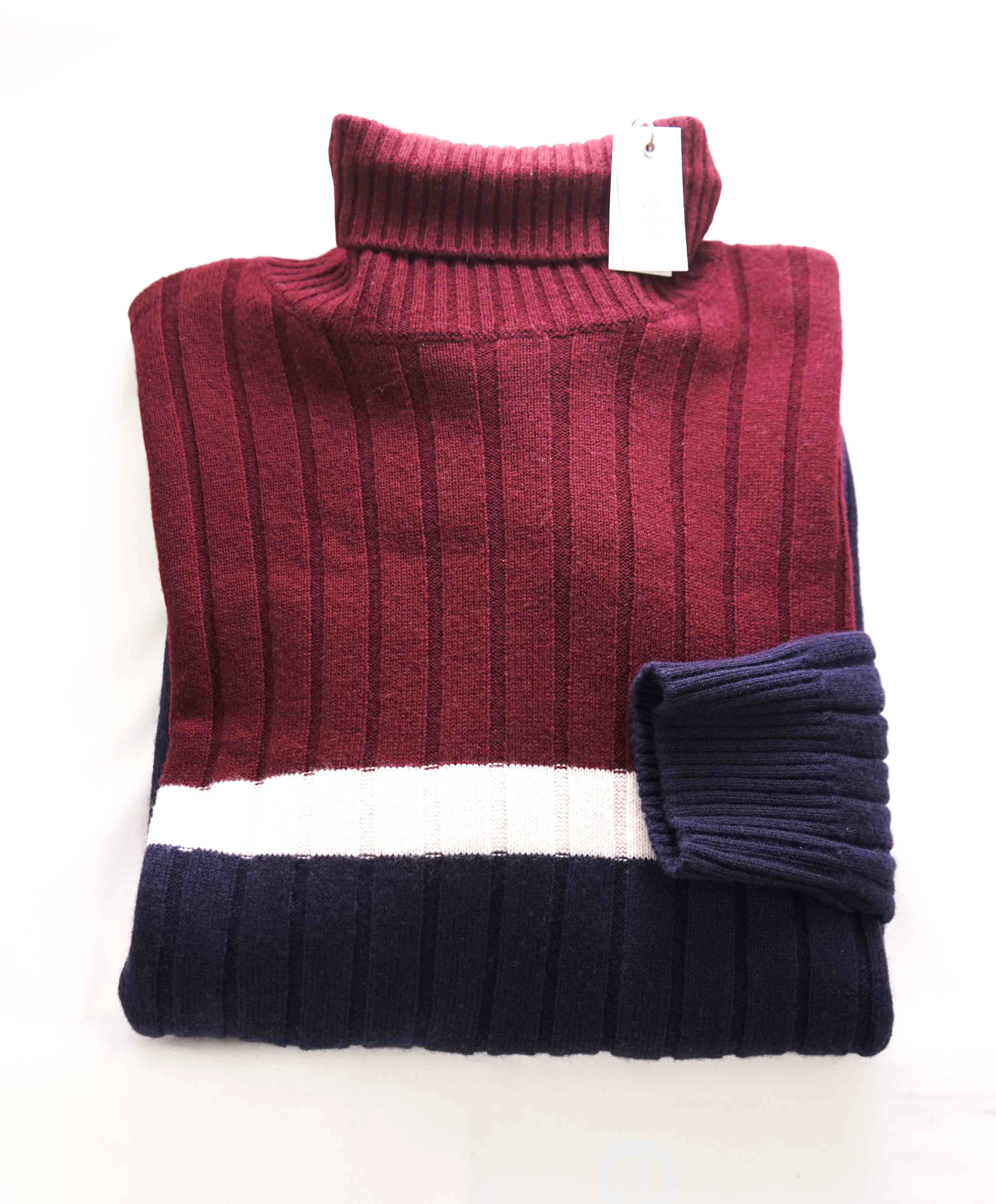 $495 ELEVENTY - *Pure Wool* Burgundy/Navy/White Turtleneck Ribbed Sweater - XL