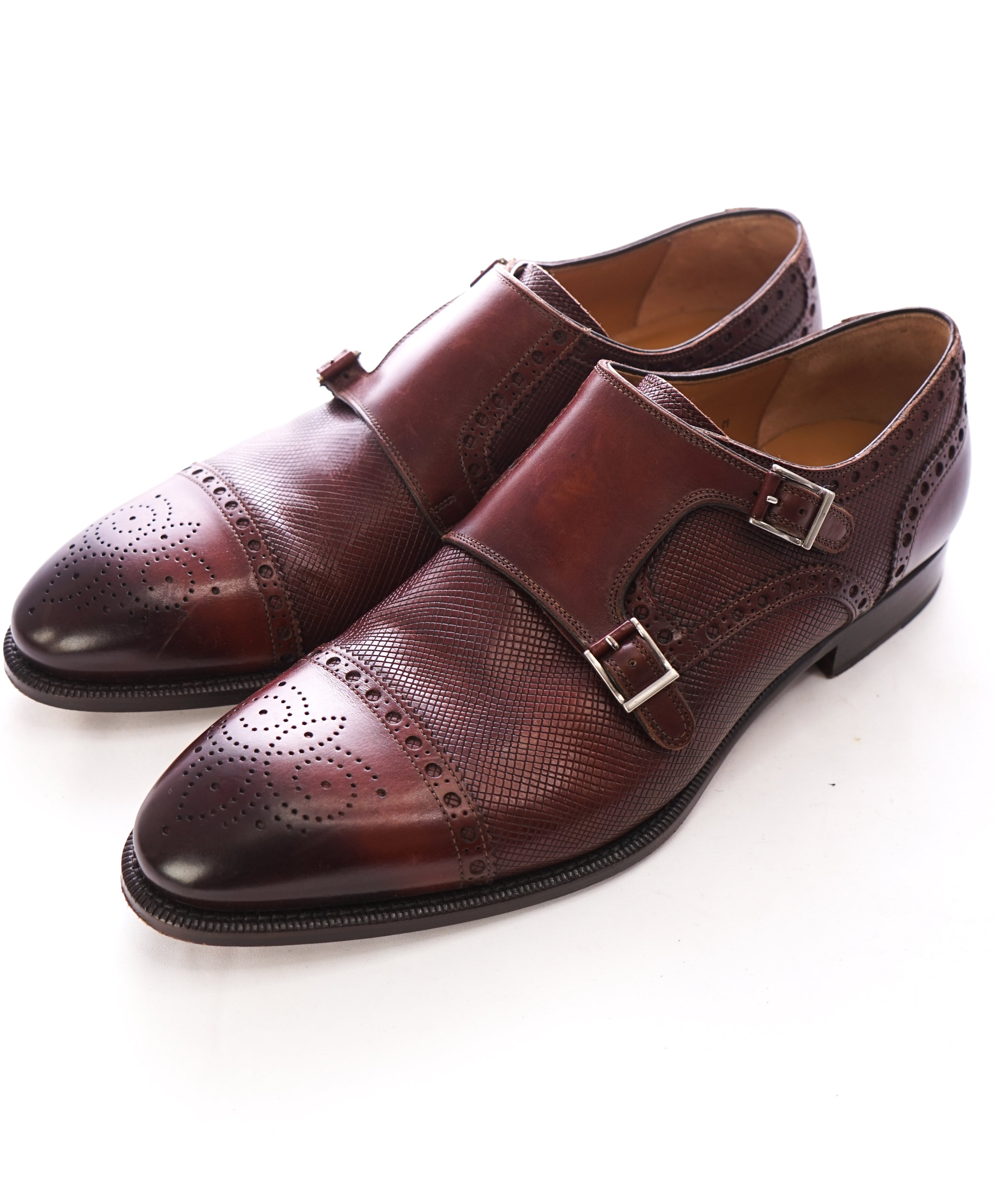 MAGNANNI - Textured Cap-Toe Brogue Brown Double Monk Strap Loafers - 10.5
