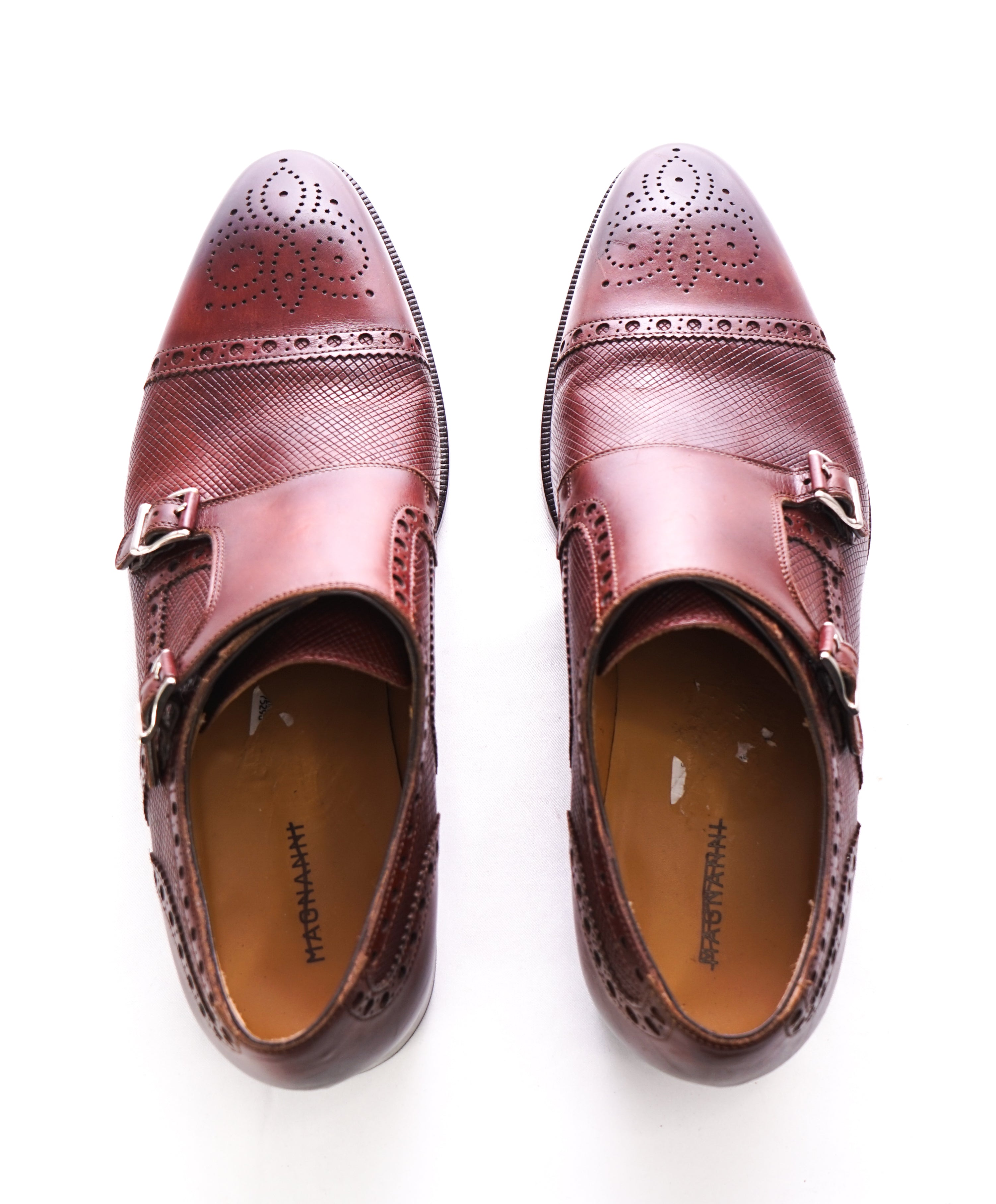 MAGNANNI - Textured Cap-Toe Brogue Brown Double Monk Strap Loafers - 10.5