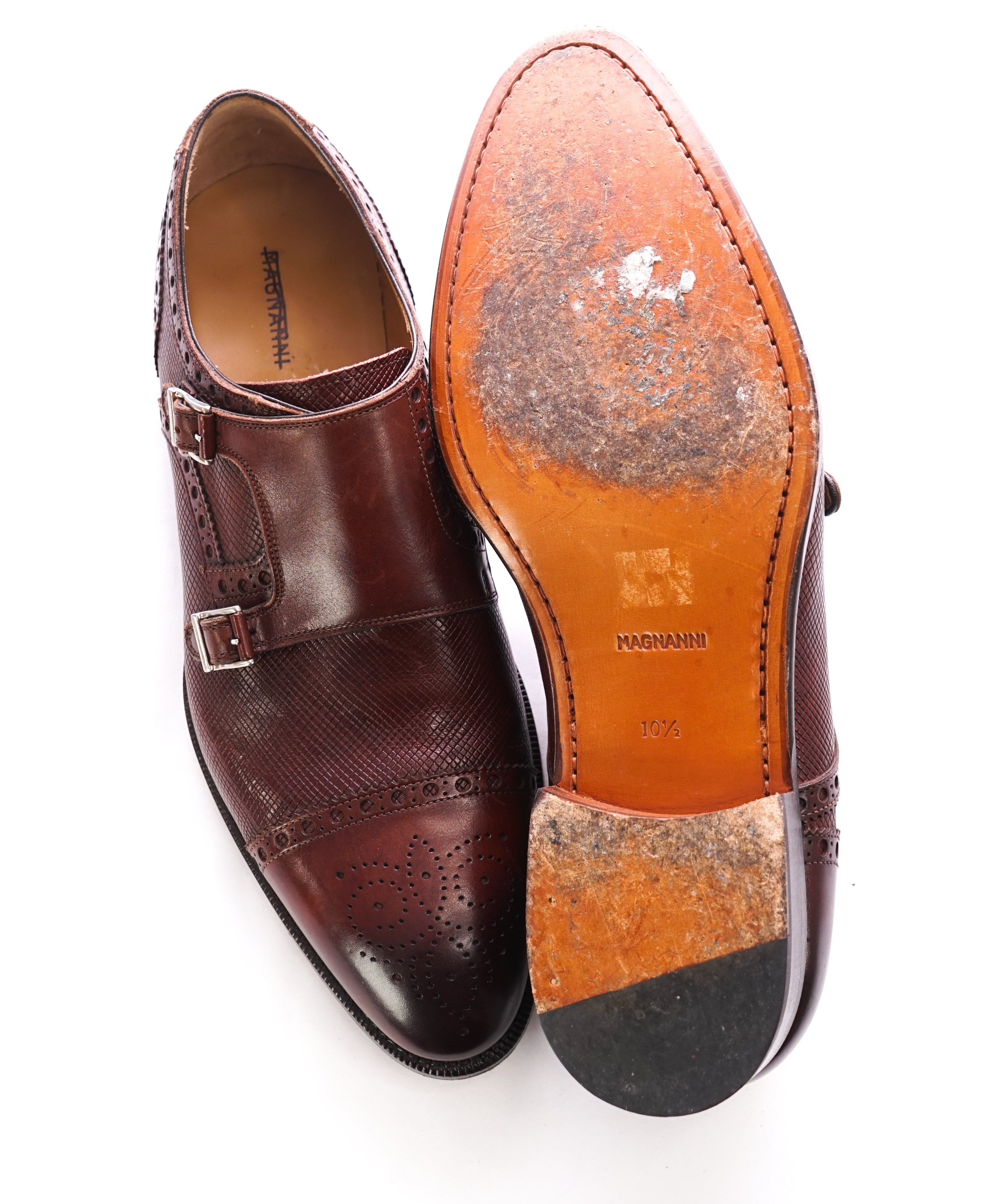MAGNANNI - Textured Cap-Toe Brogue Brown Double Monk Strap Loafers - 10.5