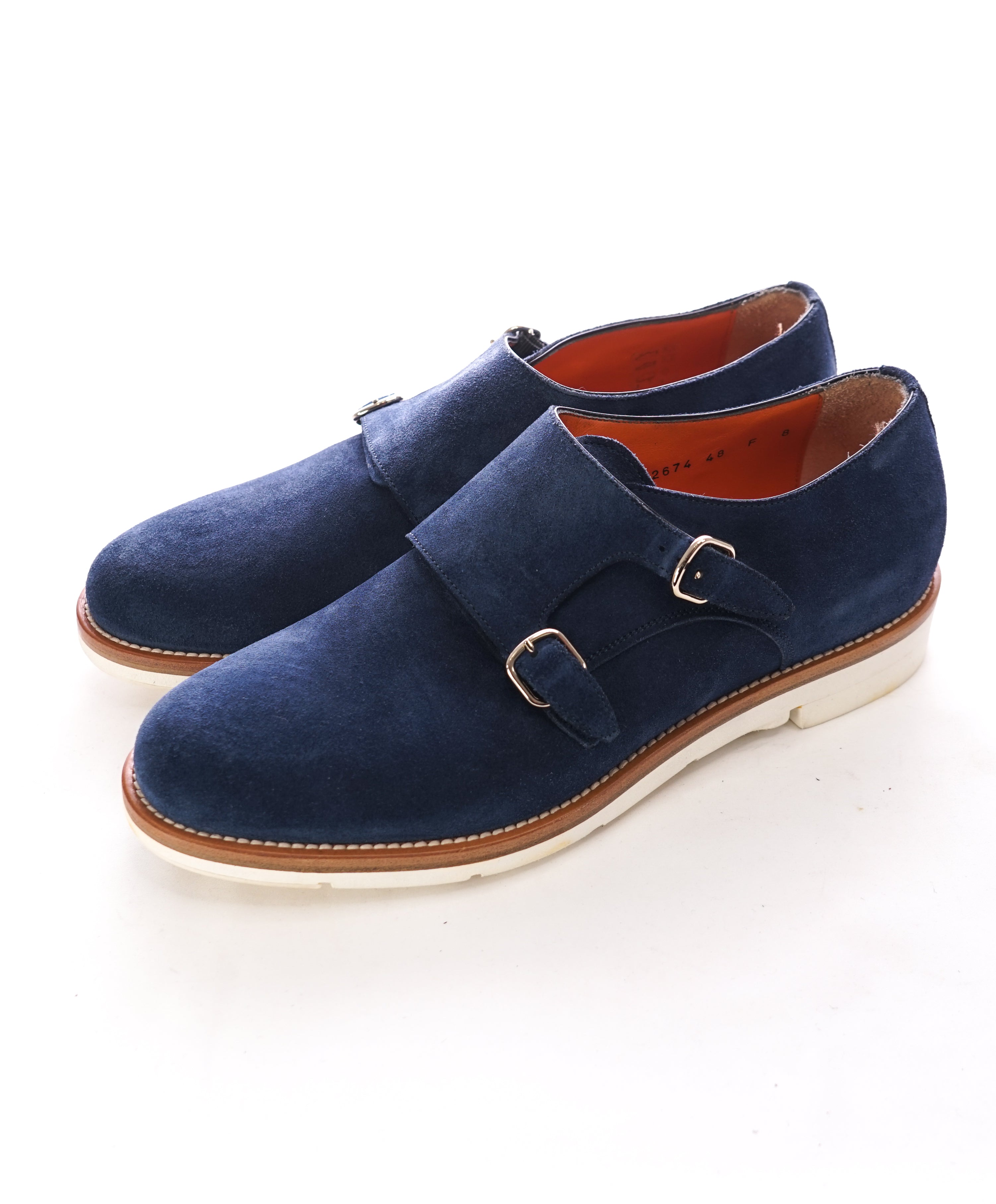 SANTONI - Powder Blue Suede Double Monk Strap Contrast Loafers - 9
