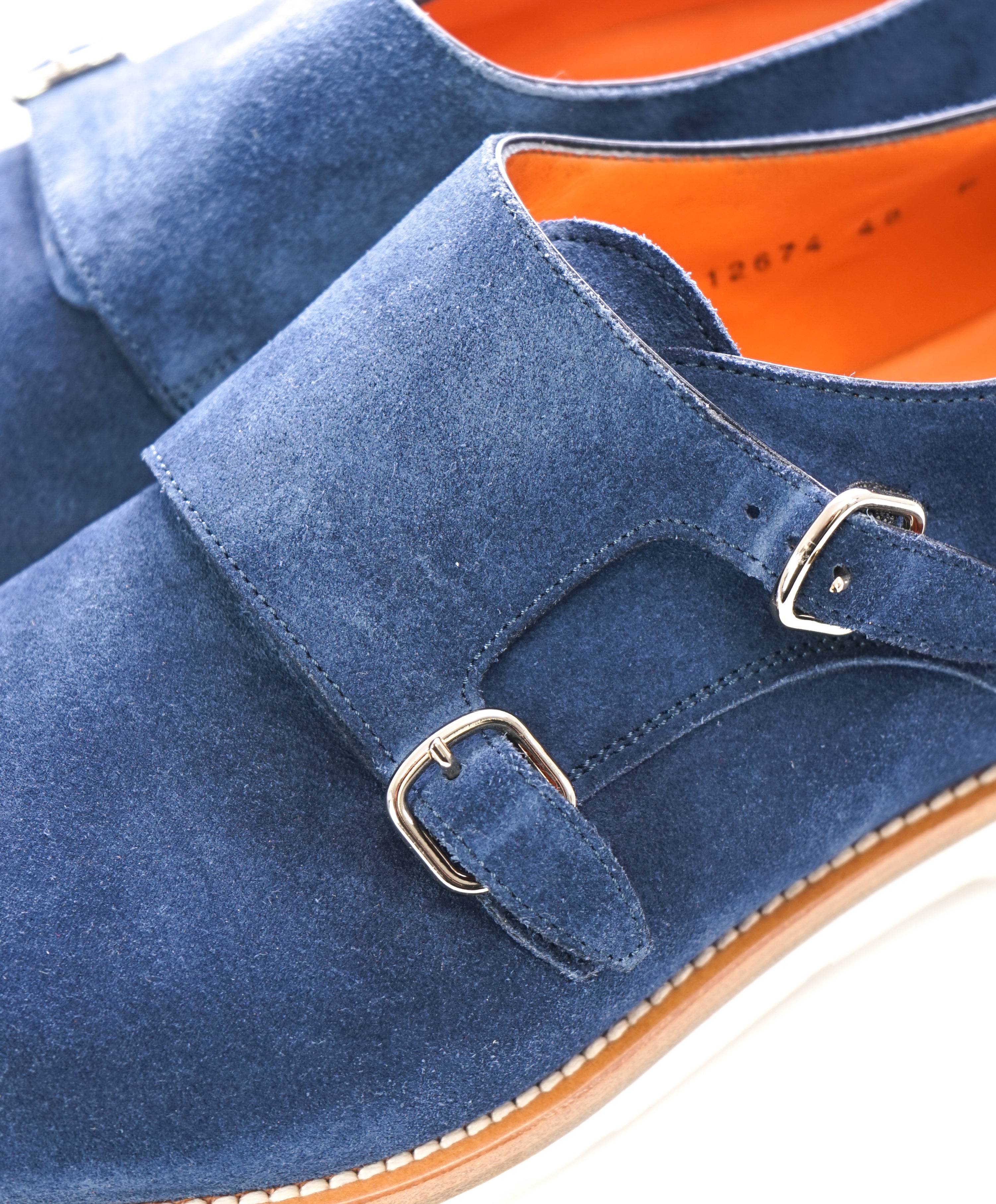 SANTONI - Powder Blue Suede Double Monk Strap Contrast Loafers - 9