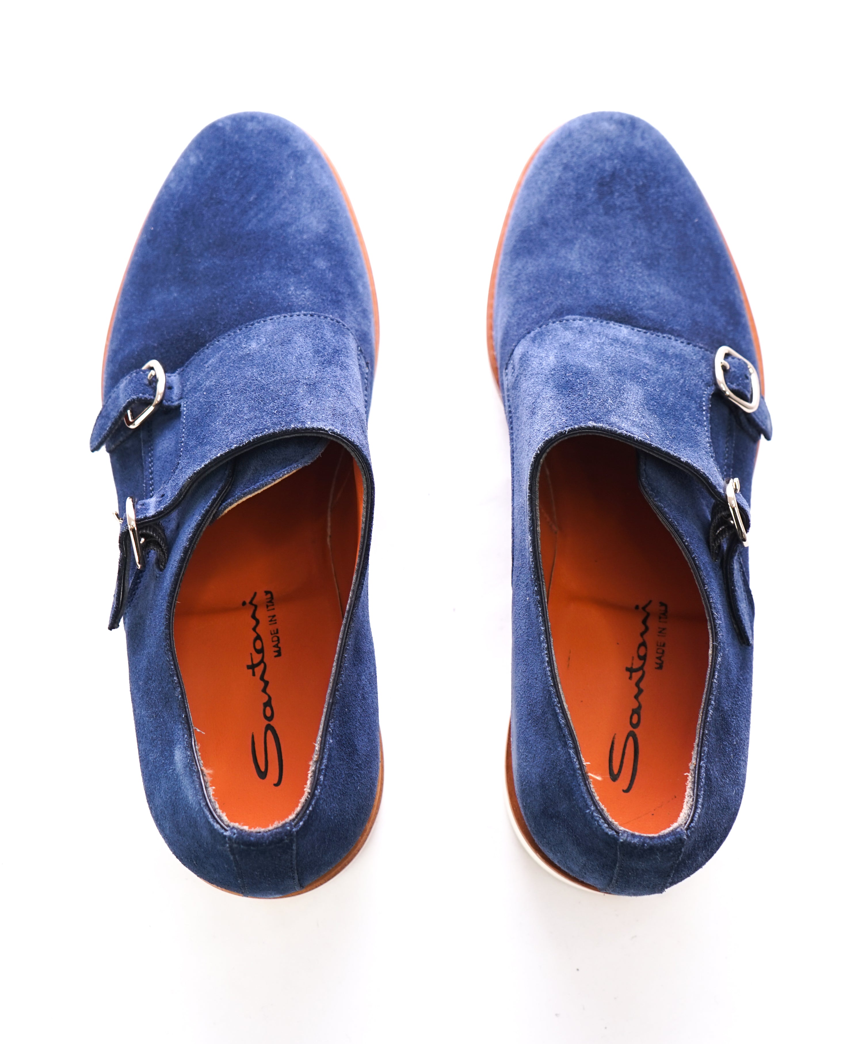 SANTONI - Powder Blue Suede Double Monk Strap Contrast Loafers - 9