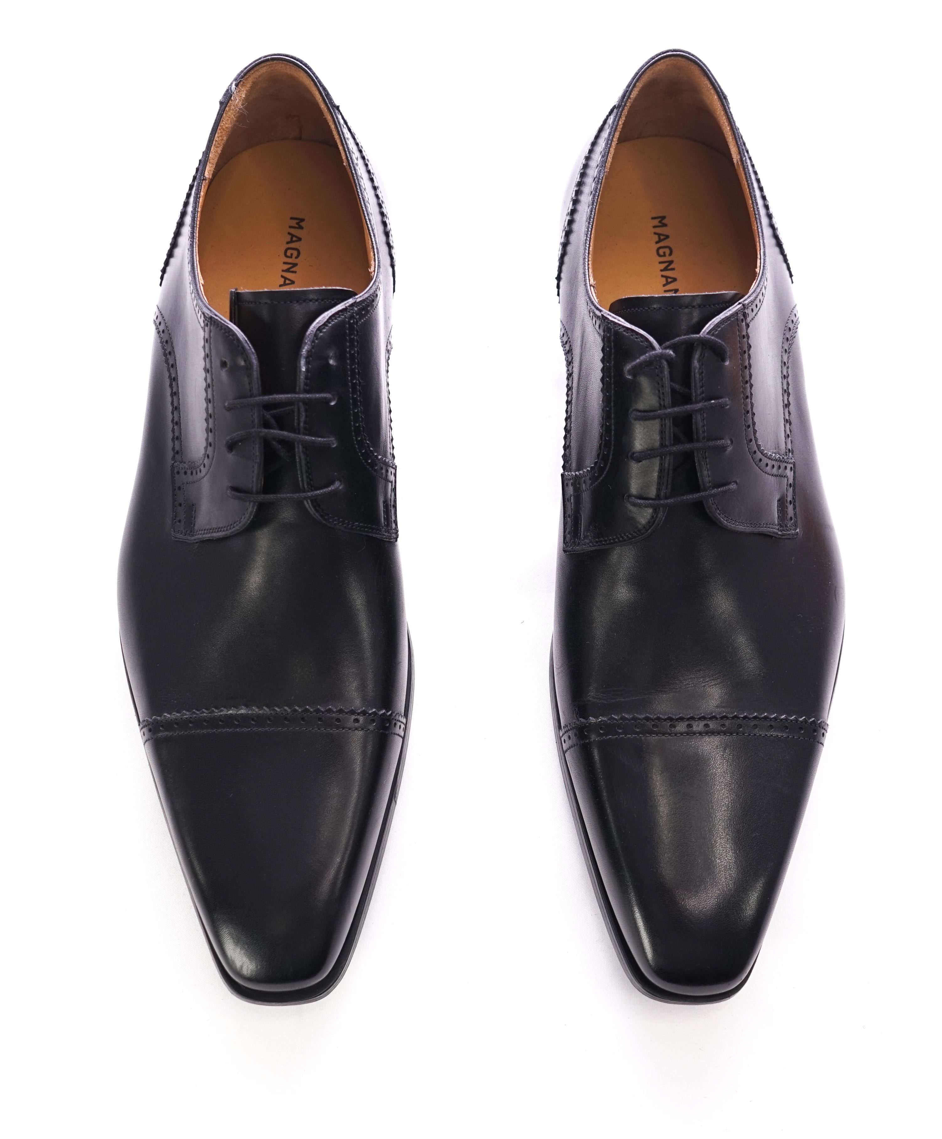 MAGNANNI - Slim Silhouette Detailed Black Cap-Toe Oxfords - 9
