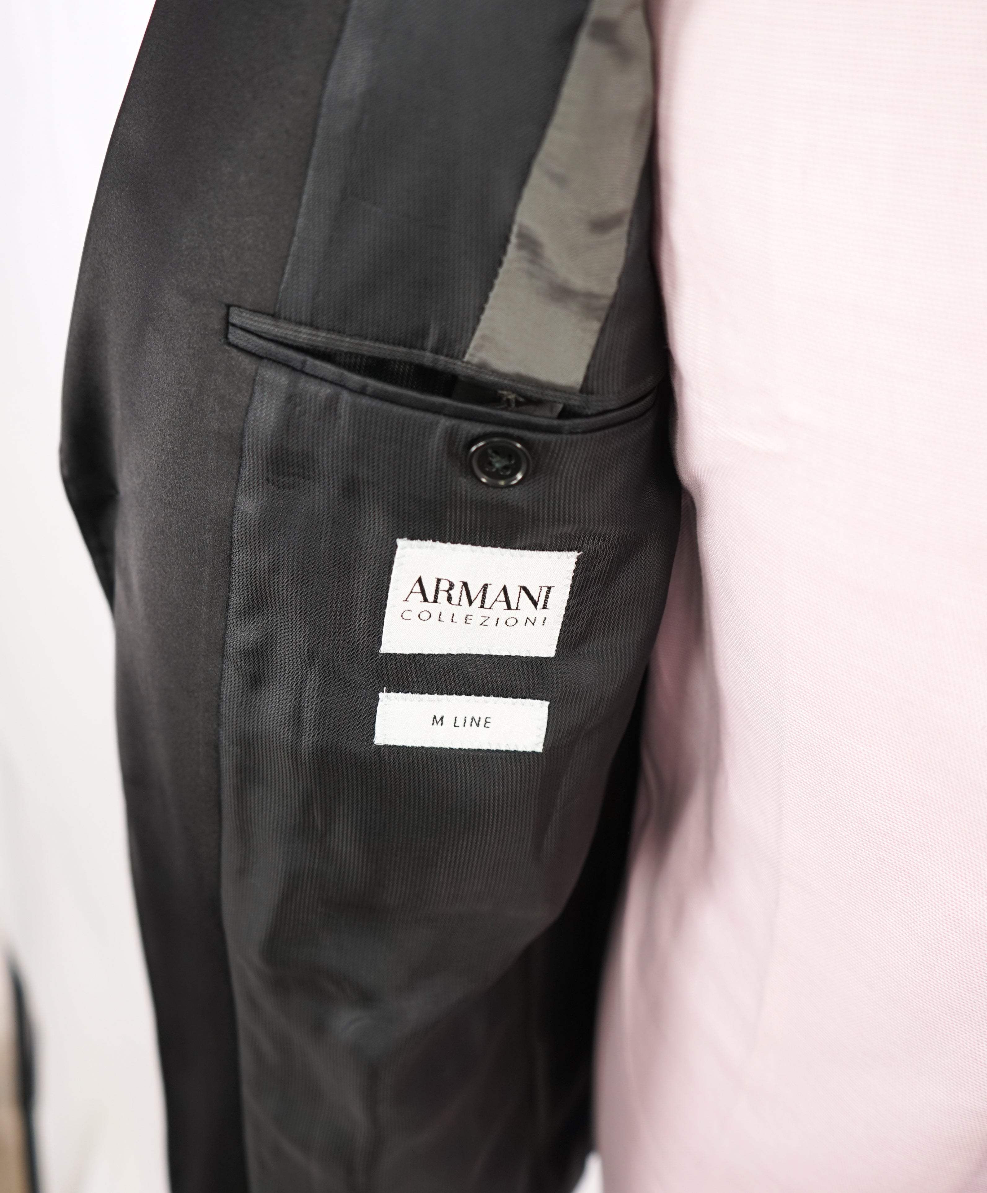 ARMANI COLLEZIONI - "M Line" Slim Peak Lapel Black Tuxedo Suit - 48R