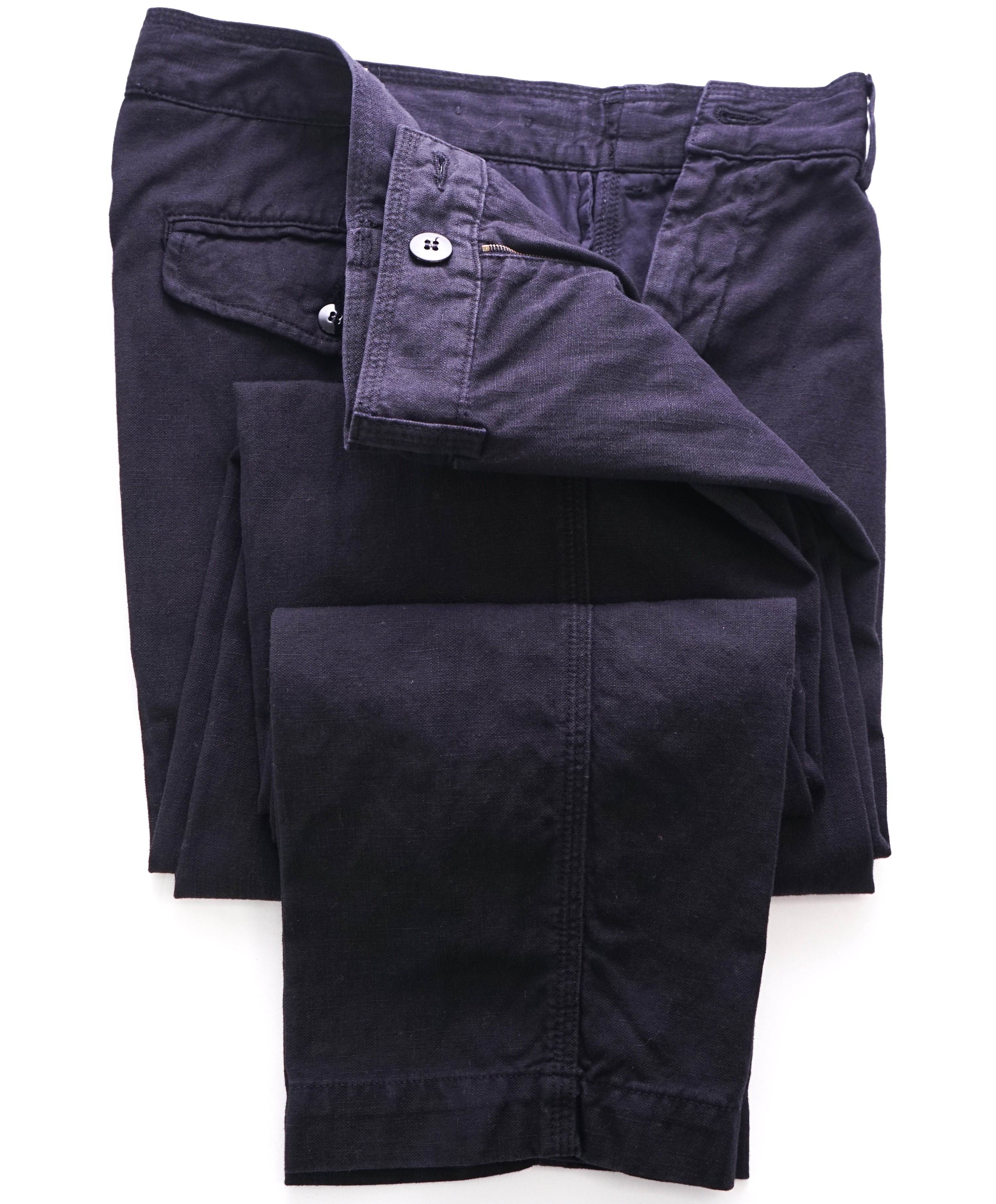 DRIES VAN NOTEN - Navy Linen Cotton Blend Pants W Side Tabs - 30W