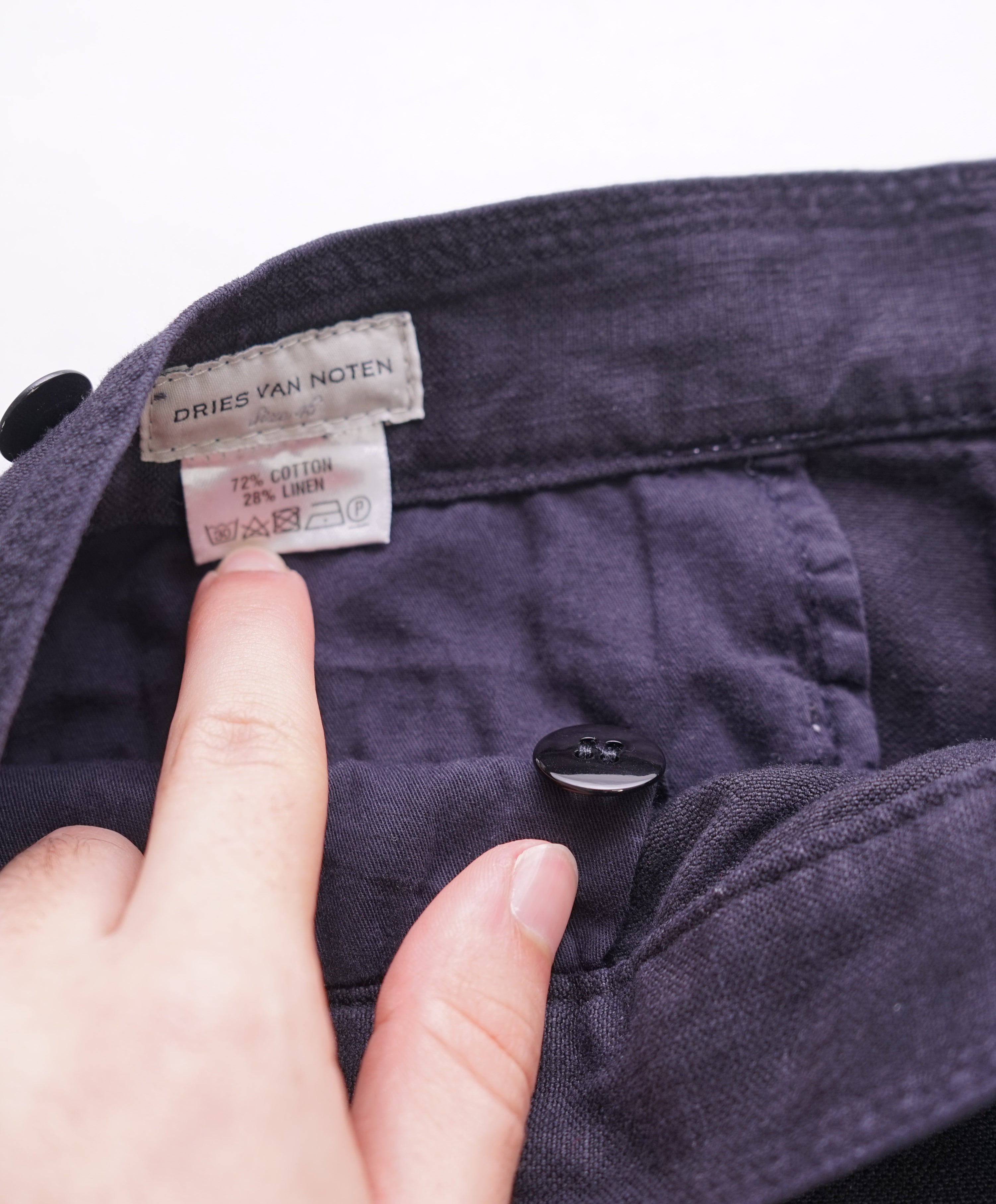 DRIES VAN NOTEN - Navy Linen Cotton Blend Pants W Side Tabs - 30W