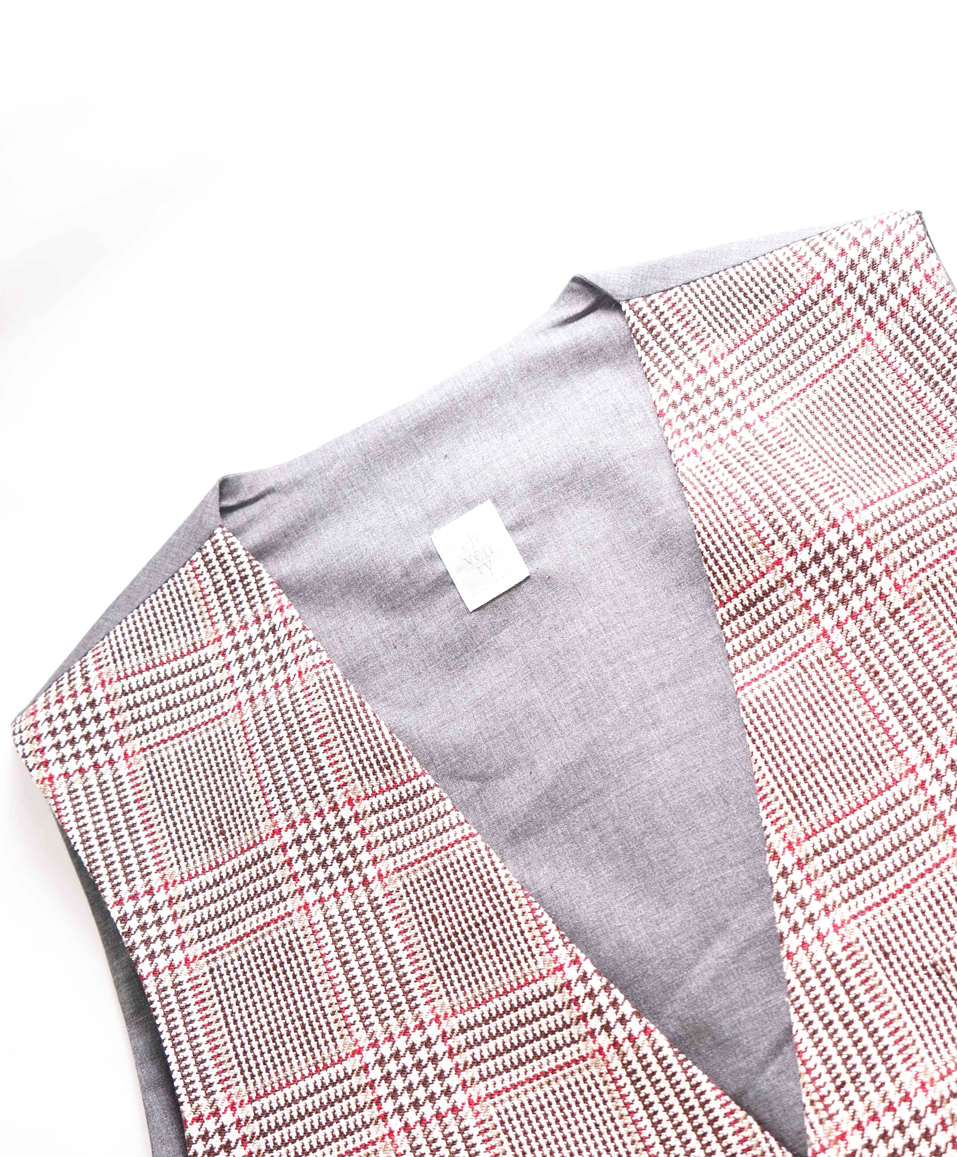 $645 ELEVENTY - *PURE SILK* Prince Wales Check Brown/Red Waistcoat Vest - 40R