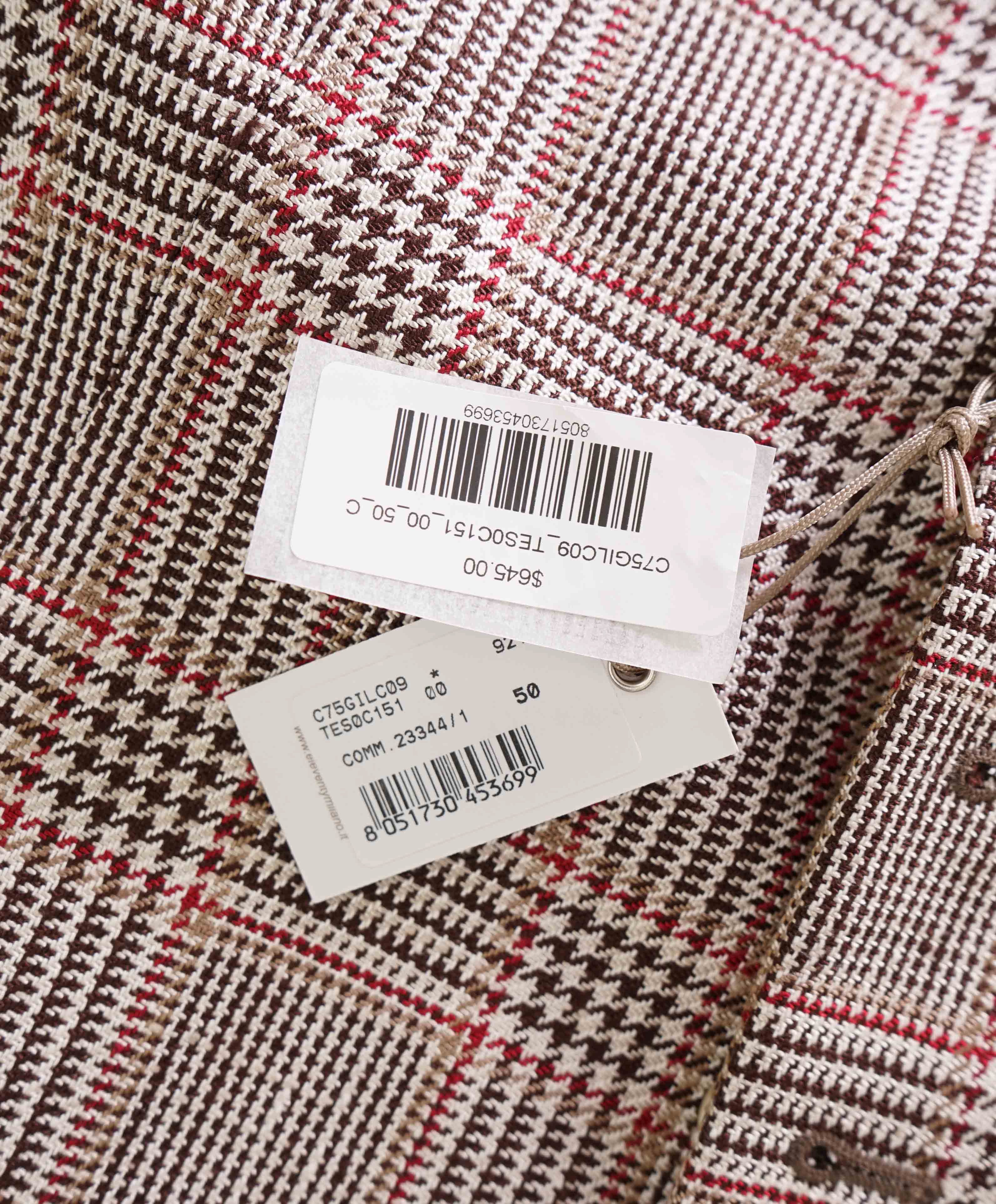 $645 ELEVENTY - *PURE SILK* Prince Wales Check Brown/Red Waistcoat Vest - 40R