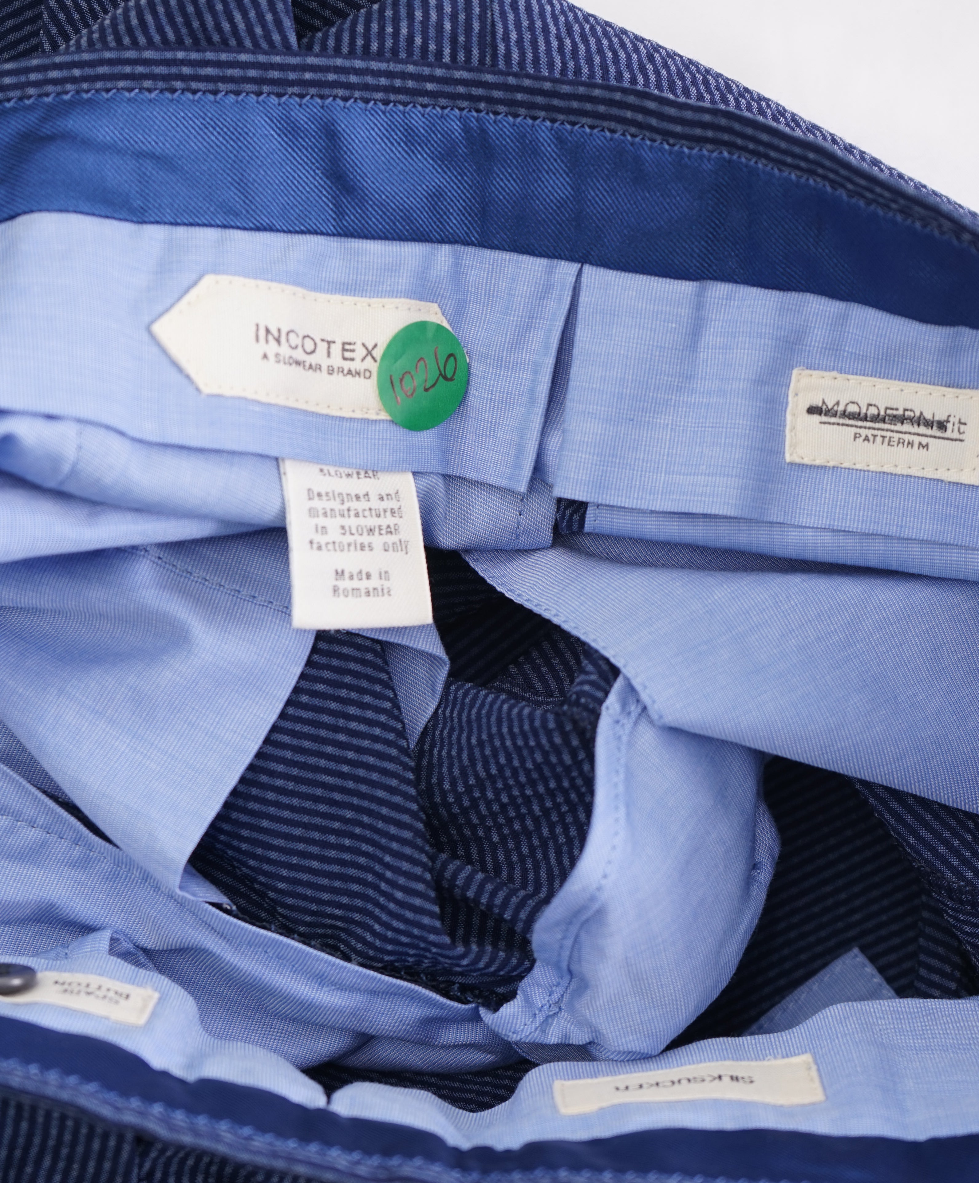 INCOTEX - "Modern Fit" Pattern M Seersucker Blue Cotton Dress Pants - 32W