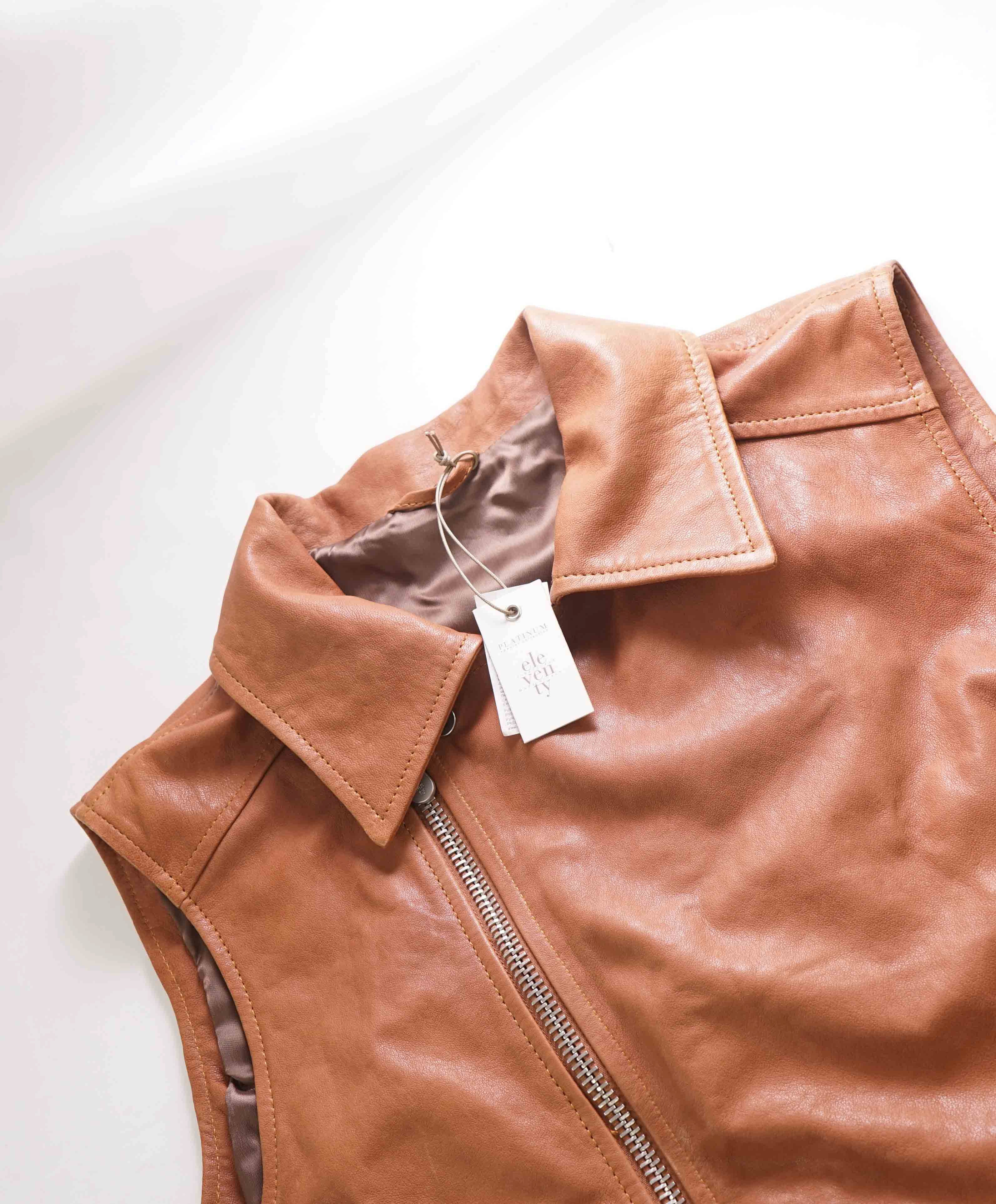 $1,695 ELEVENTY - *GOAT SKIN* Leather Brown Moto Asymmetrical Vest - 40R (M)
