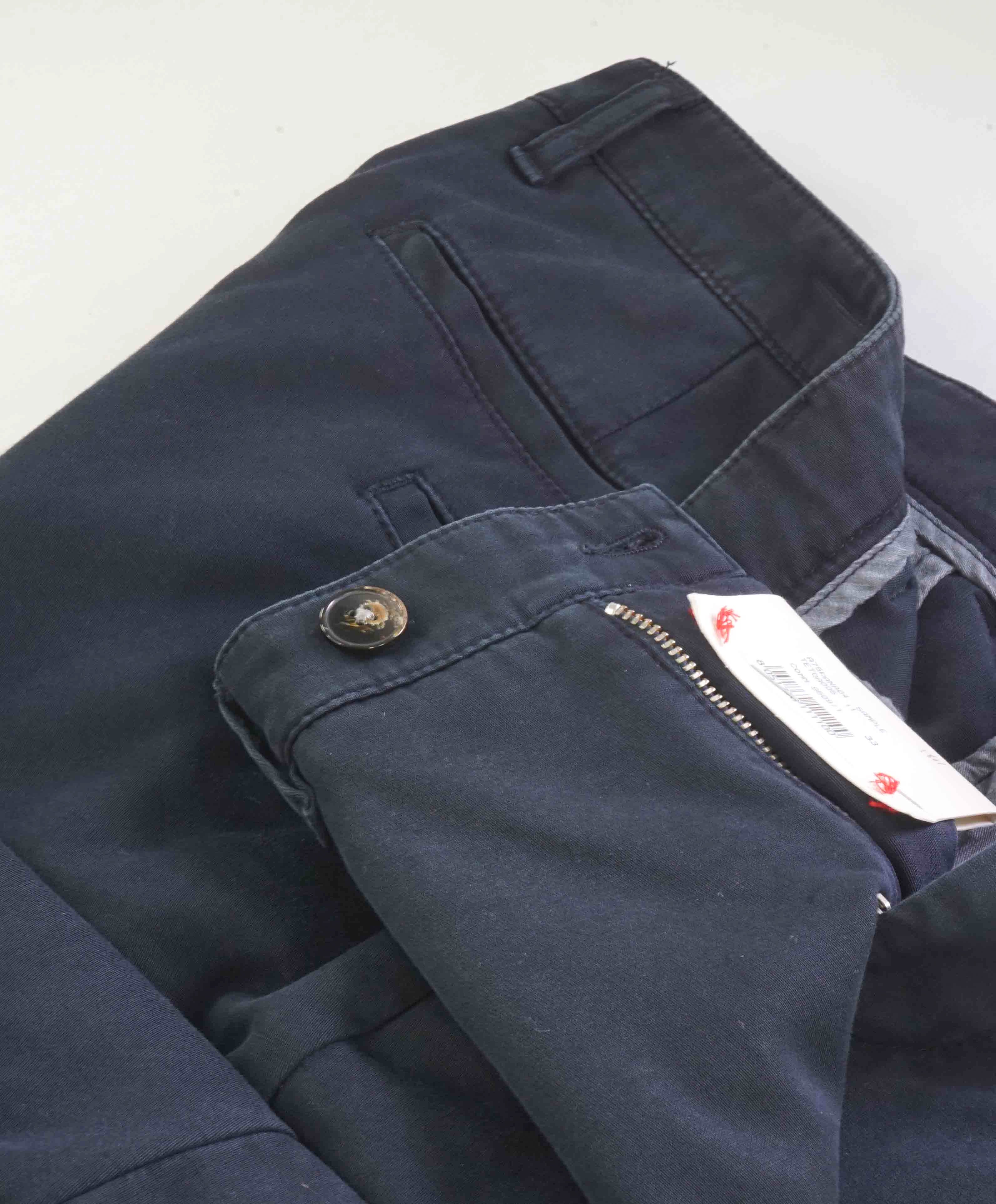 $395 ELEVENTY - Contrast Piping Navy Blue Cotton Chino Pants - 33W