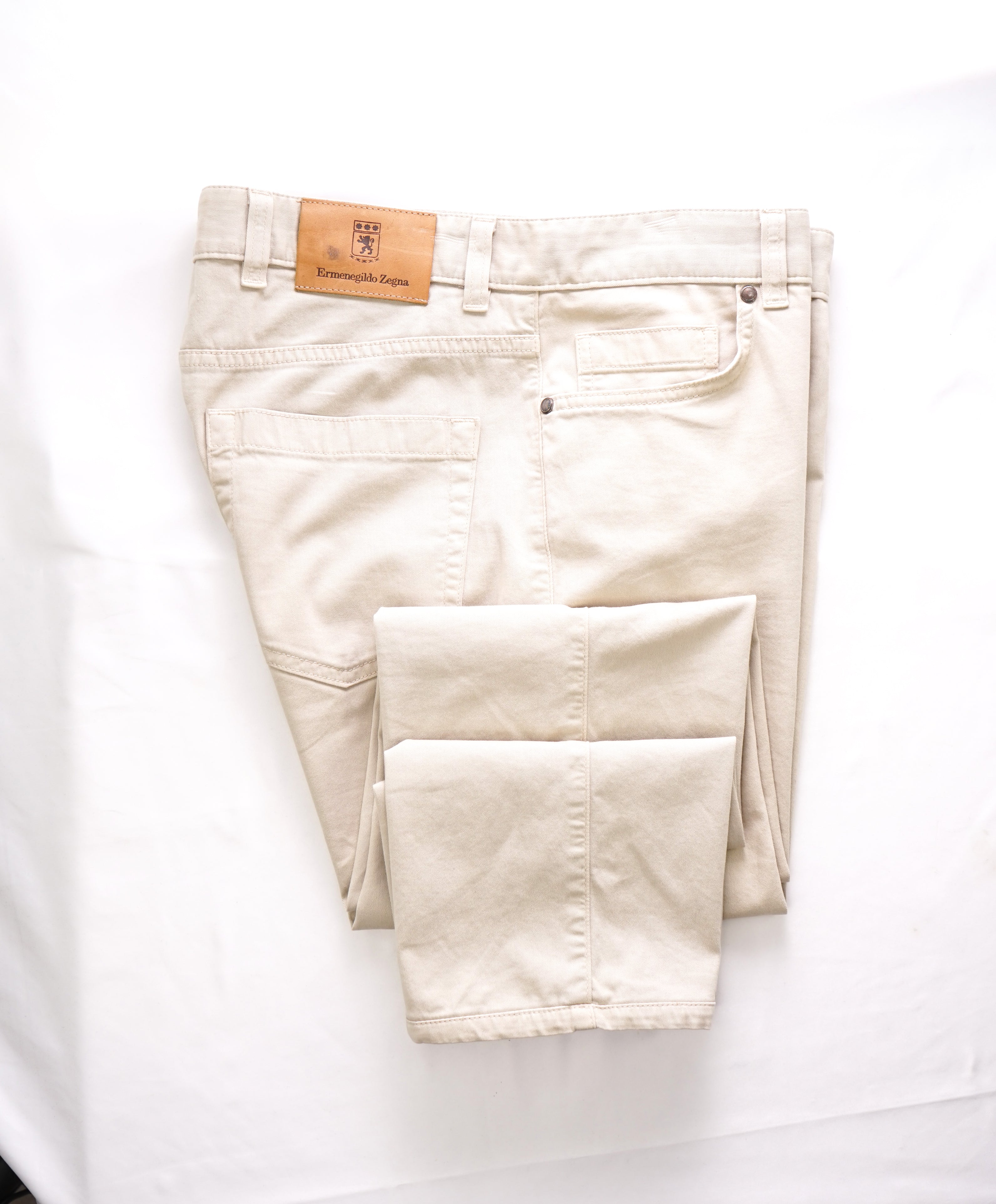 ERMENEGILDO ZEGNA - Beige 5-Pocket Twill Weave Logo Pants - 36W