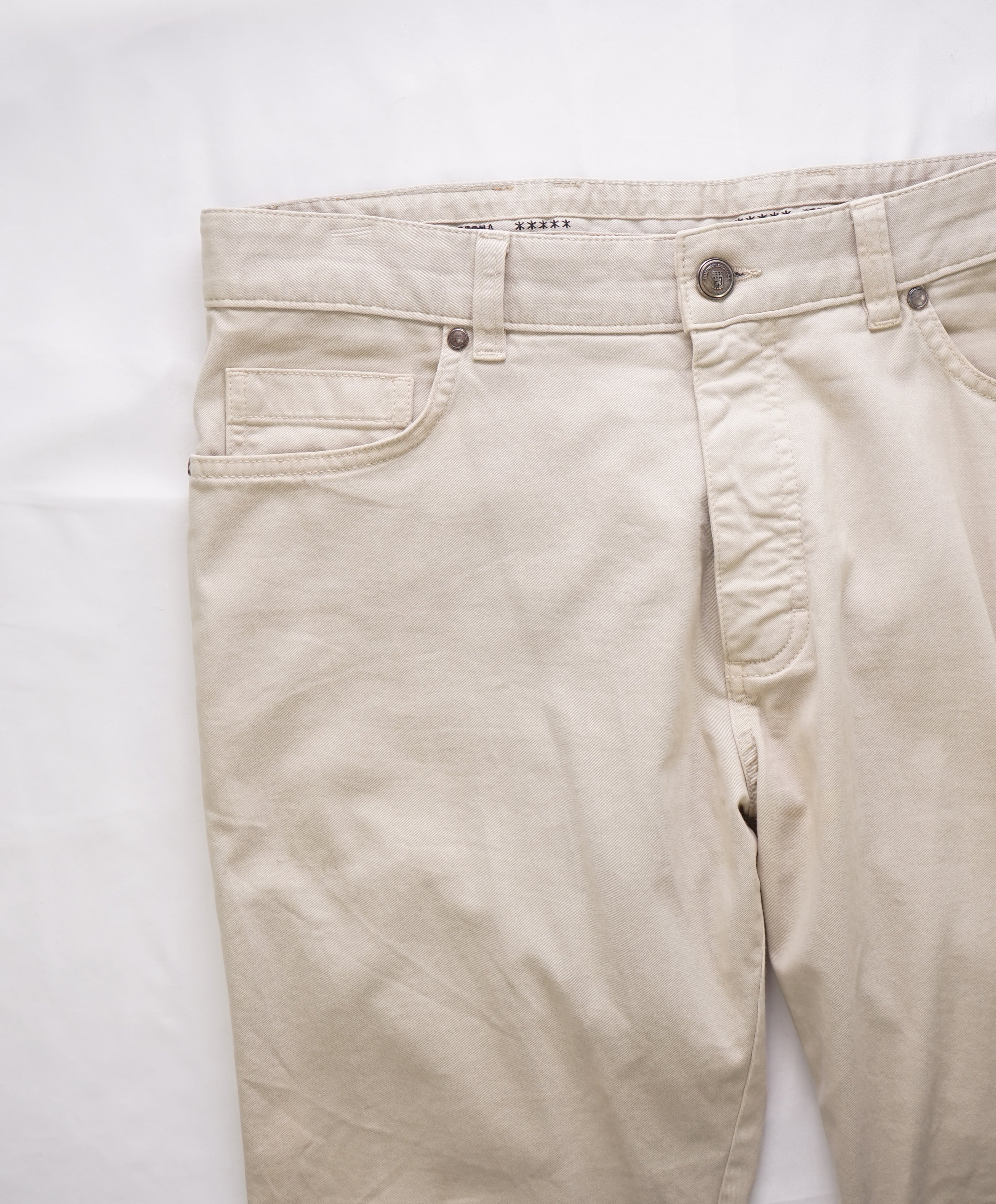 ERMENEGILDO ZEGNA - Beige 5-Pocket Twill Weave Logo Pants - 36W