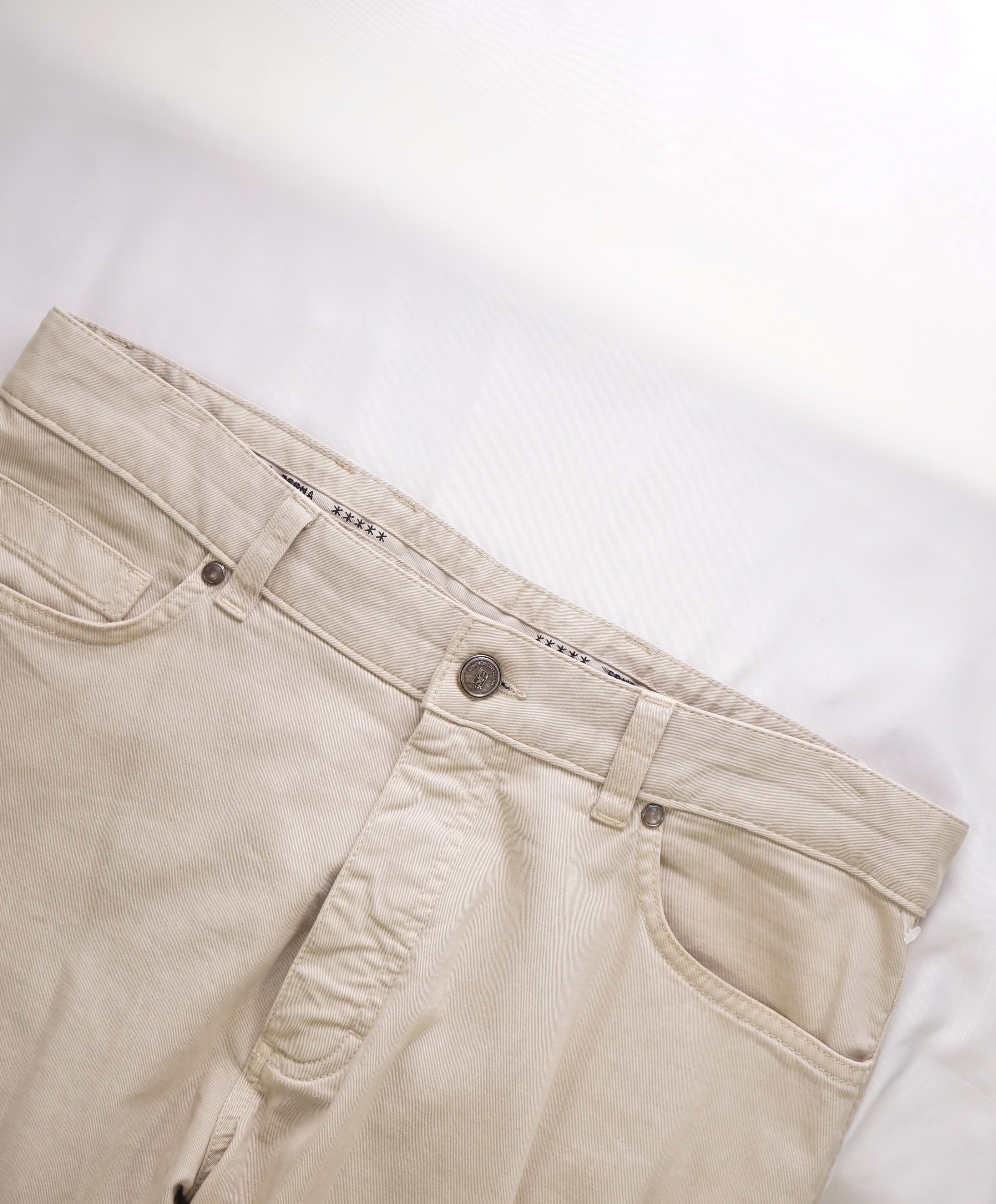 ERMENEGILDO ZEGNA - Beige 5-Pocket Twill Weave Logo Pants - 36W