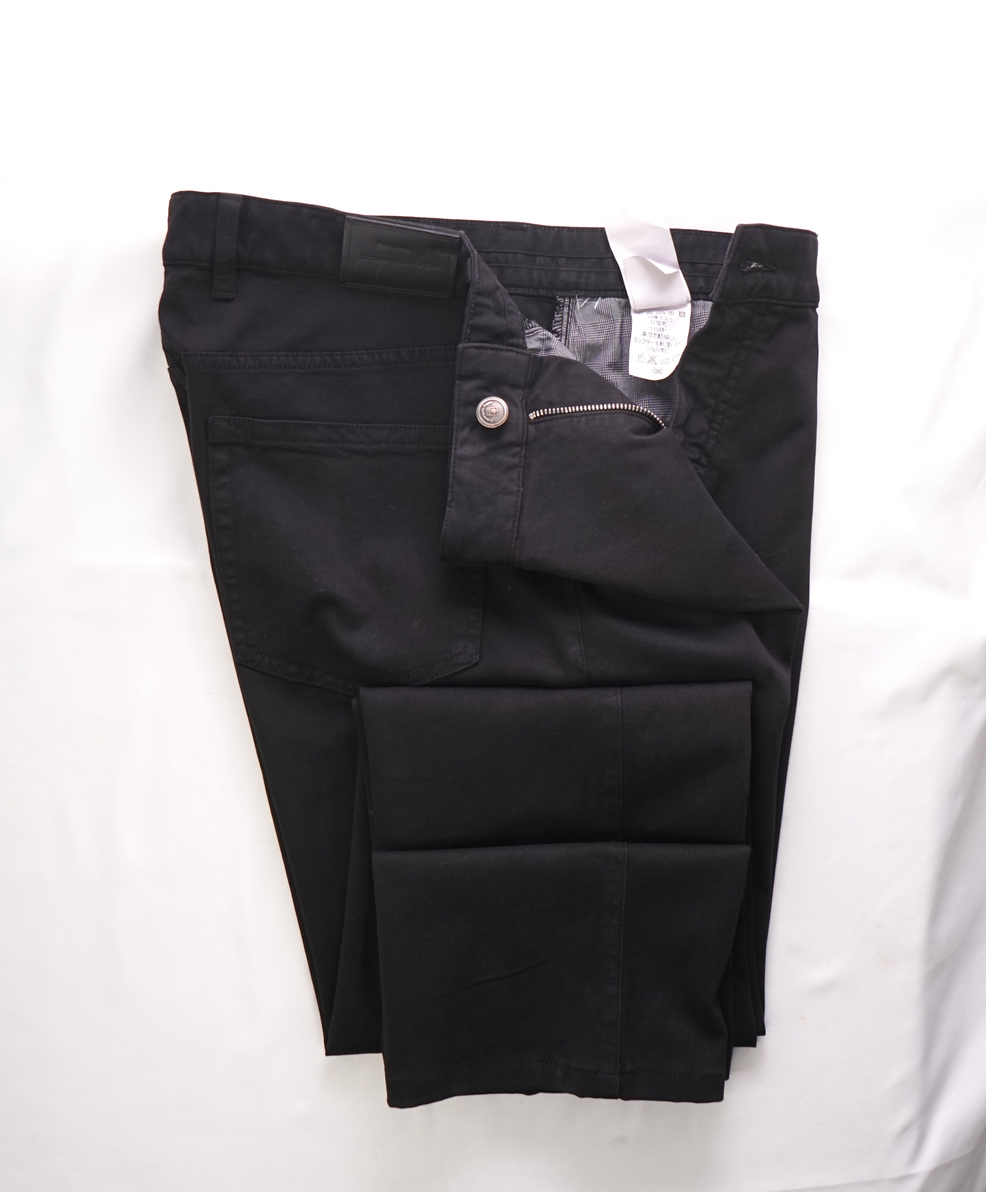 ERMENEGILDO ZEGNA - Black Cotton/Elastane Logo Tag 5-Pocket Pants - 34W