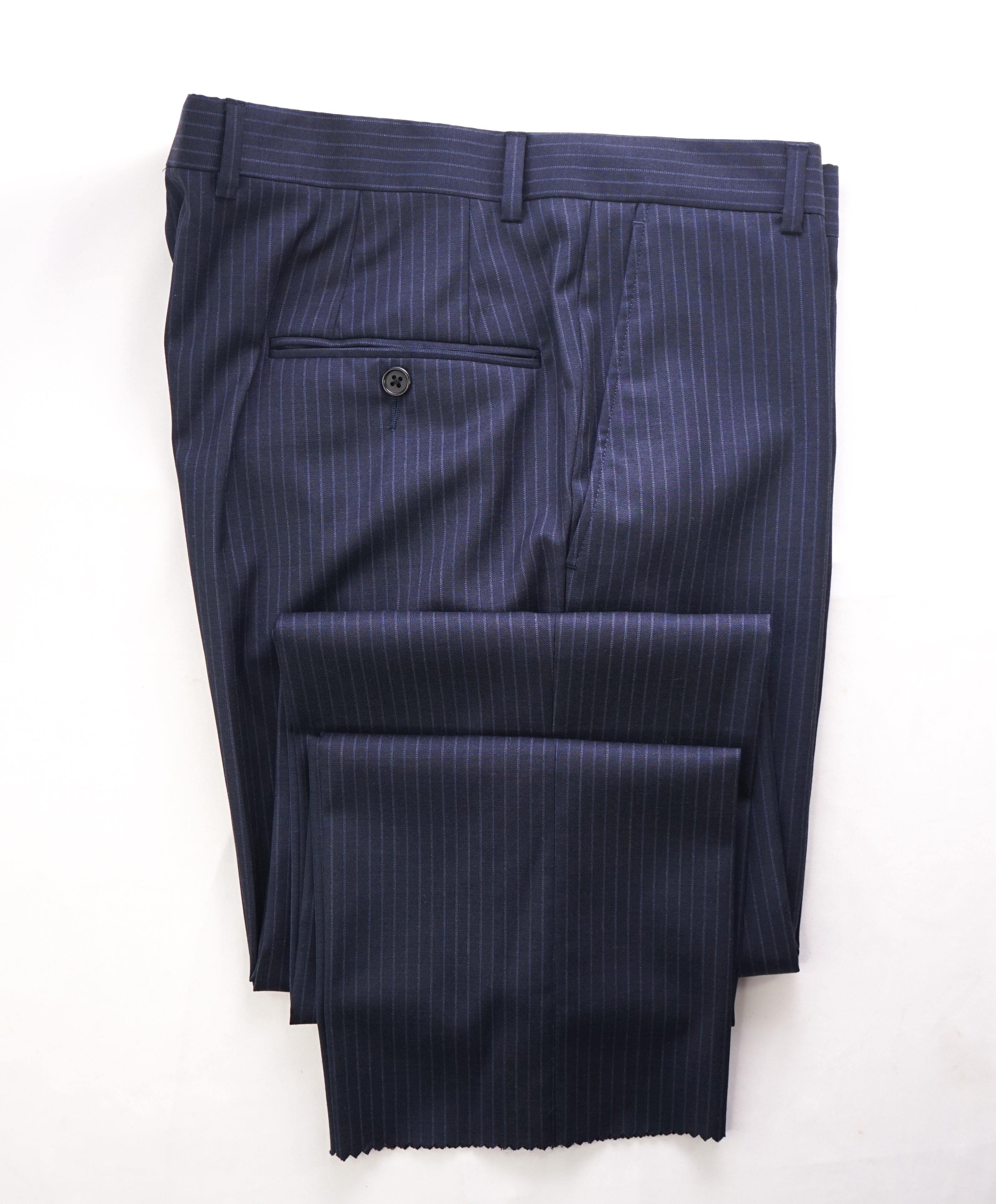 HICKEY FREEMAN - Navy Blue Rope Stripe Wool Flat Front Dress Pants - 33W