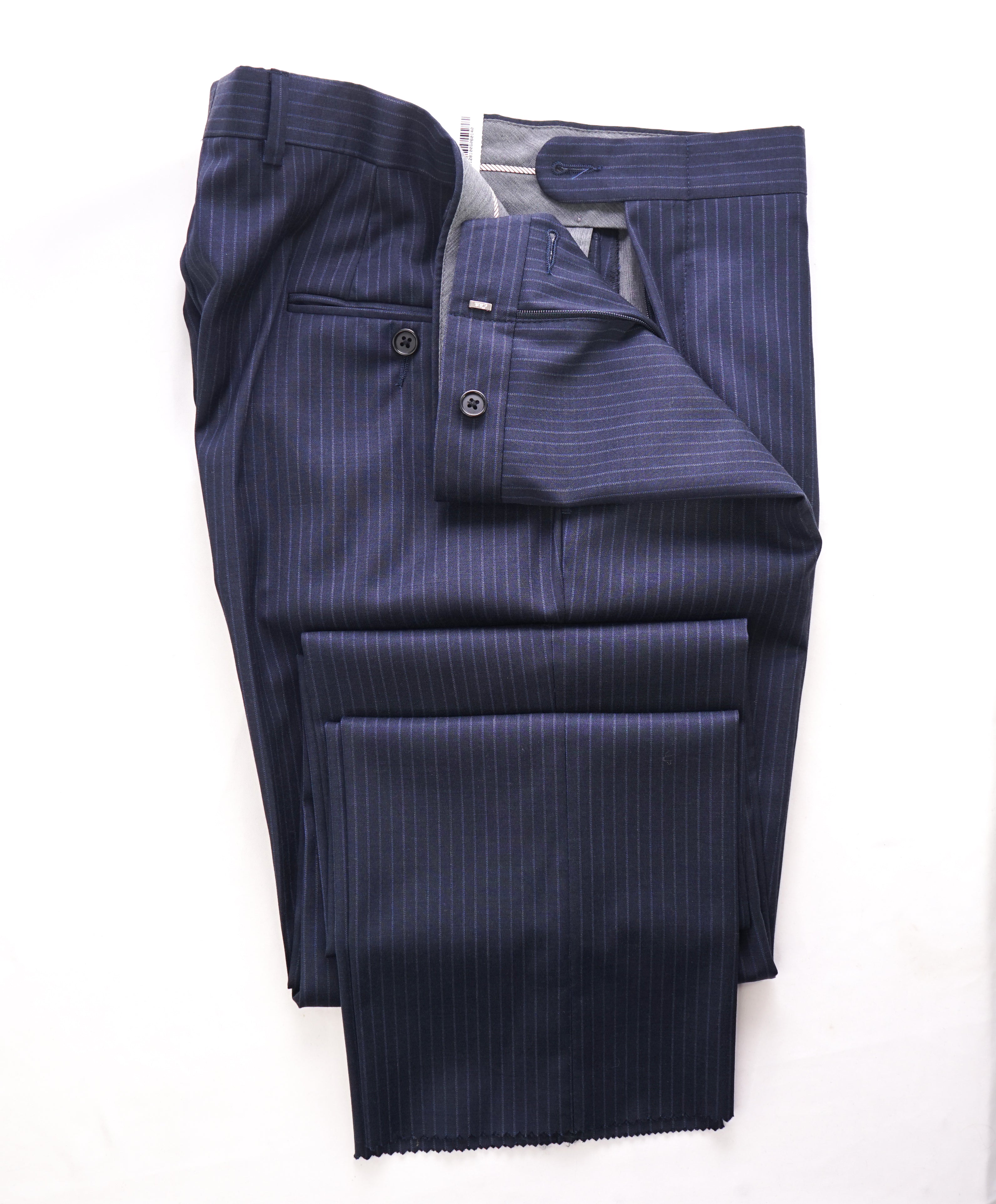 HICKEY FREEMAN - Navy Blue Rope Stripe Wool Flat Front Dress Pants - 33W