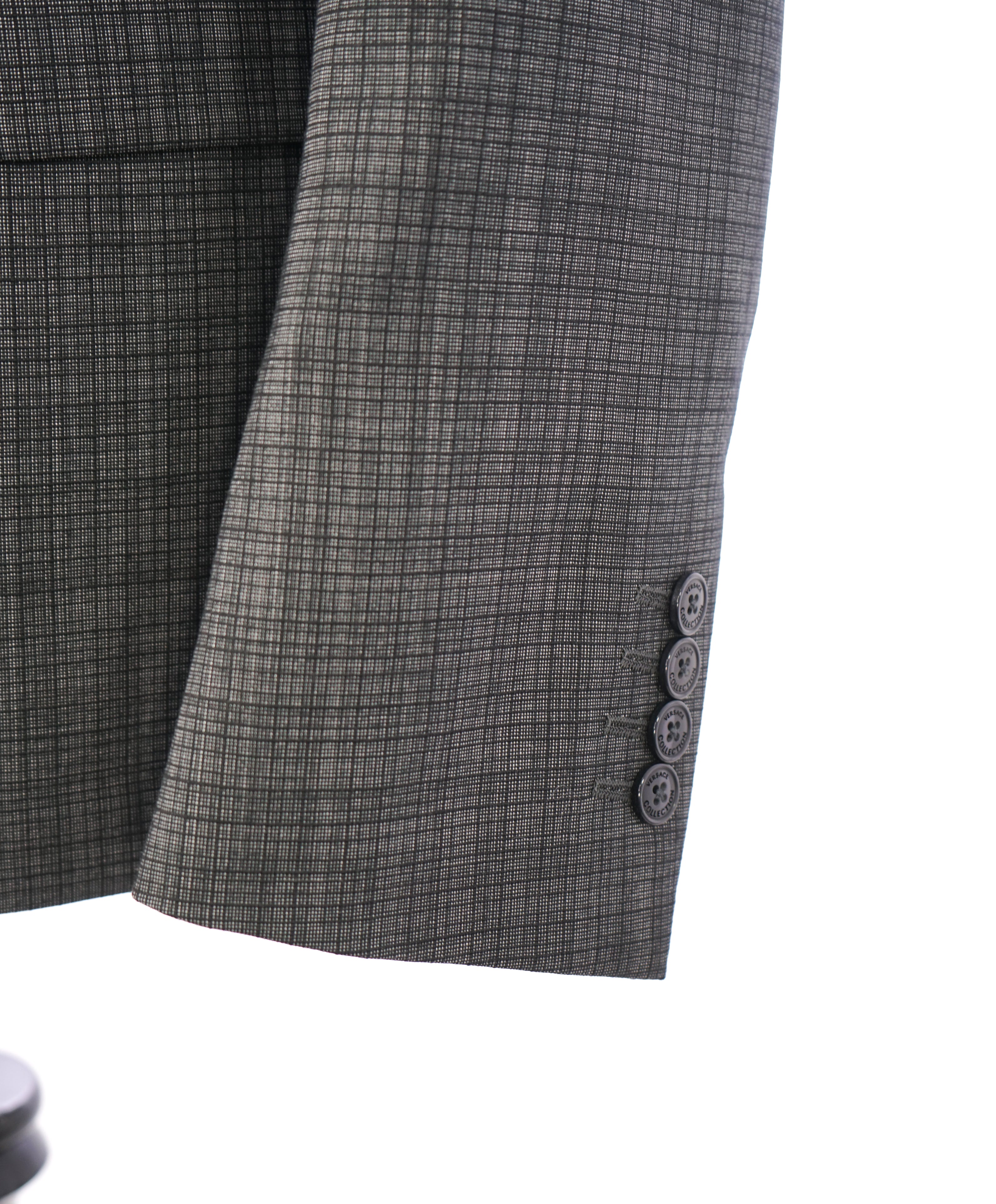 VERSACE COLLECTION - Abstract Check Gray Wool Suit Logo Buttons - 38R