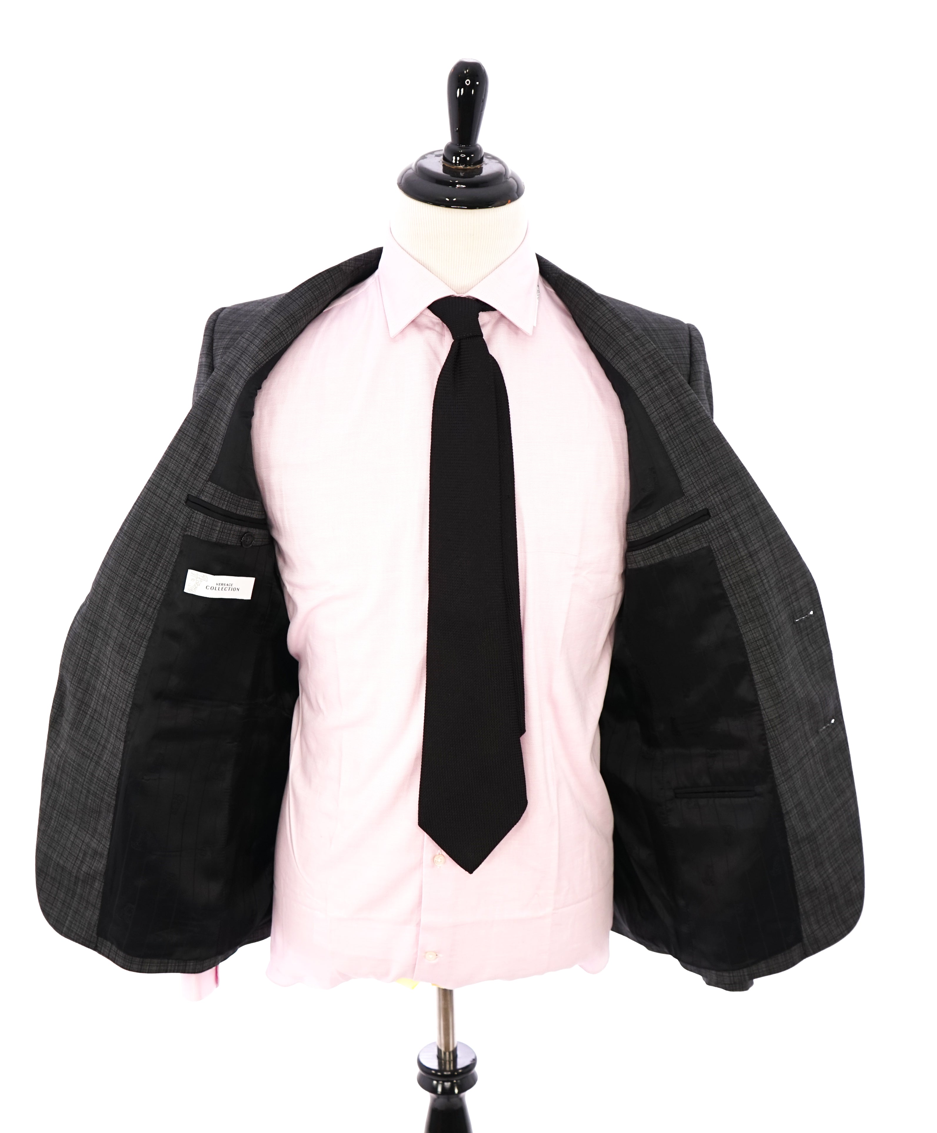 VERSACE COLLECTION - Abstract Check Gray Wool Suit Logo Buttons - 38R