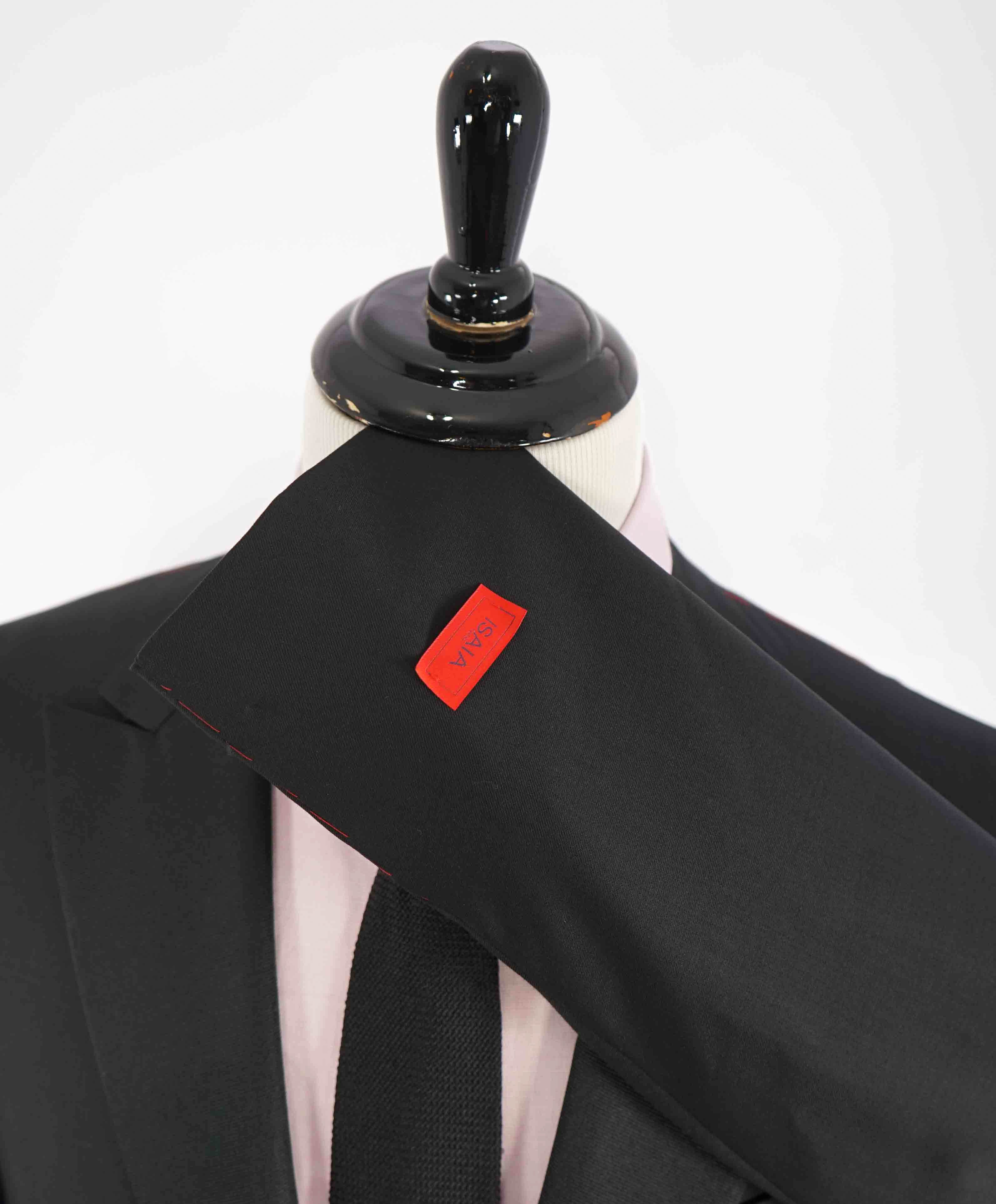 $4,595 ISAIA - "AQUASPIDER" Satin PEAK LAPEL Black Wool Tuxedo - 46R