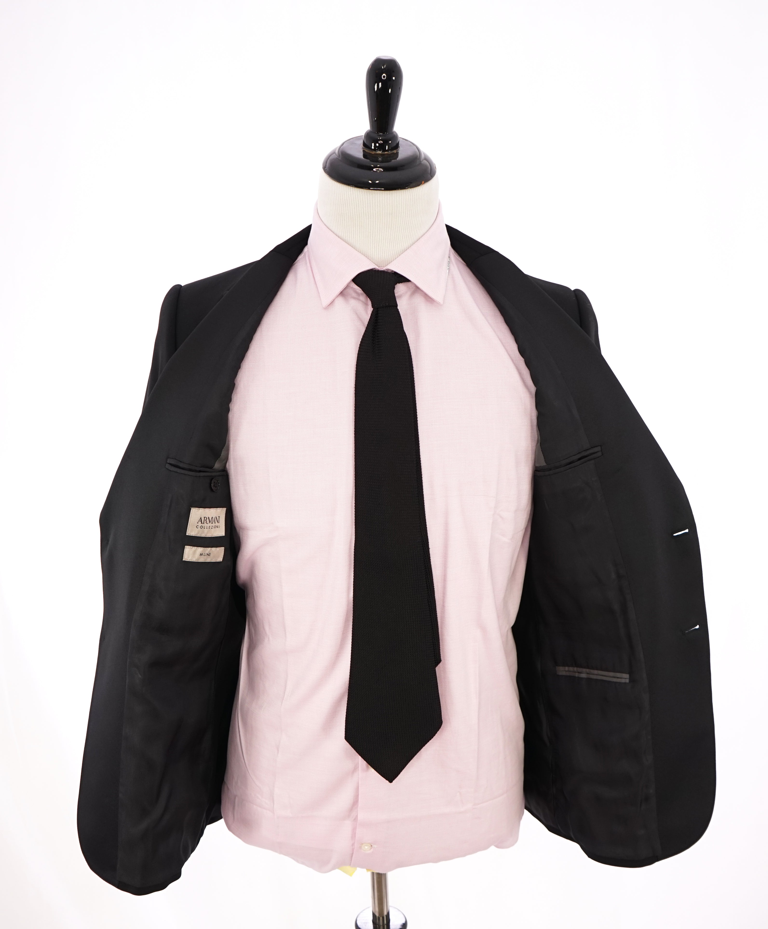 ARMANI COLLEZIONI - Black Textured Peak Lapel "M Line" Slim Suit - 38R