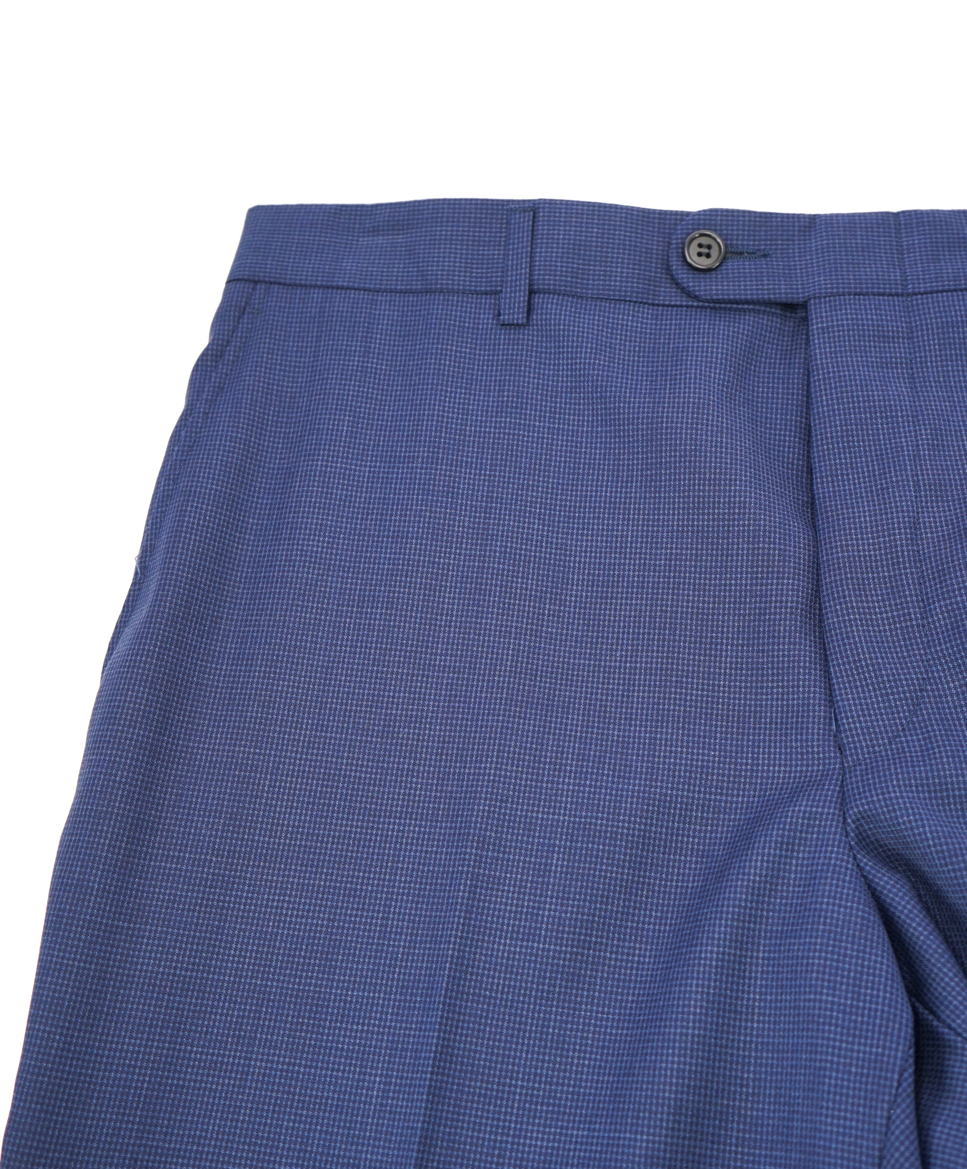HICKEY FREEMAN - Blue MicroCheck Plaid Wool Flat Front Dress Pants - 36W