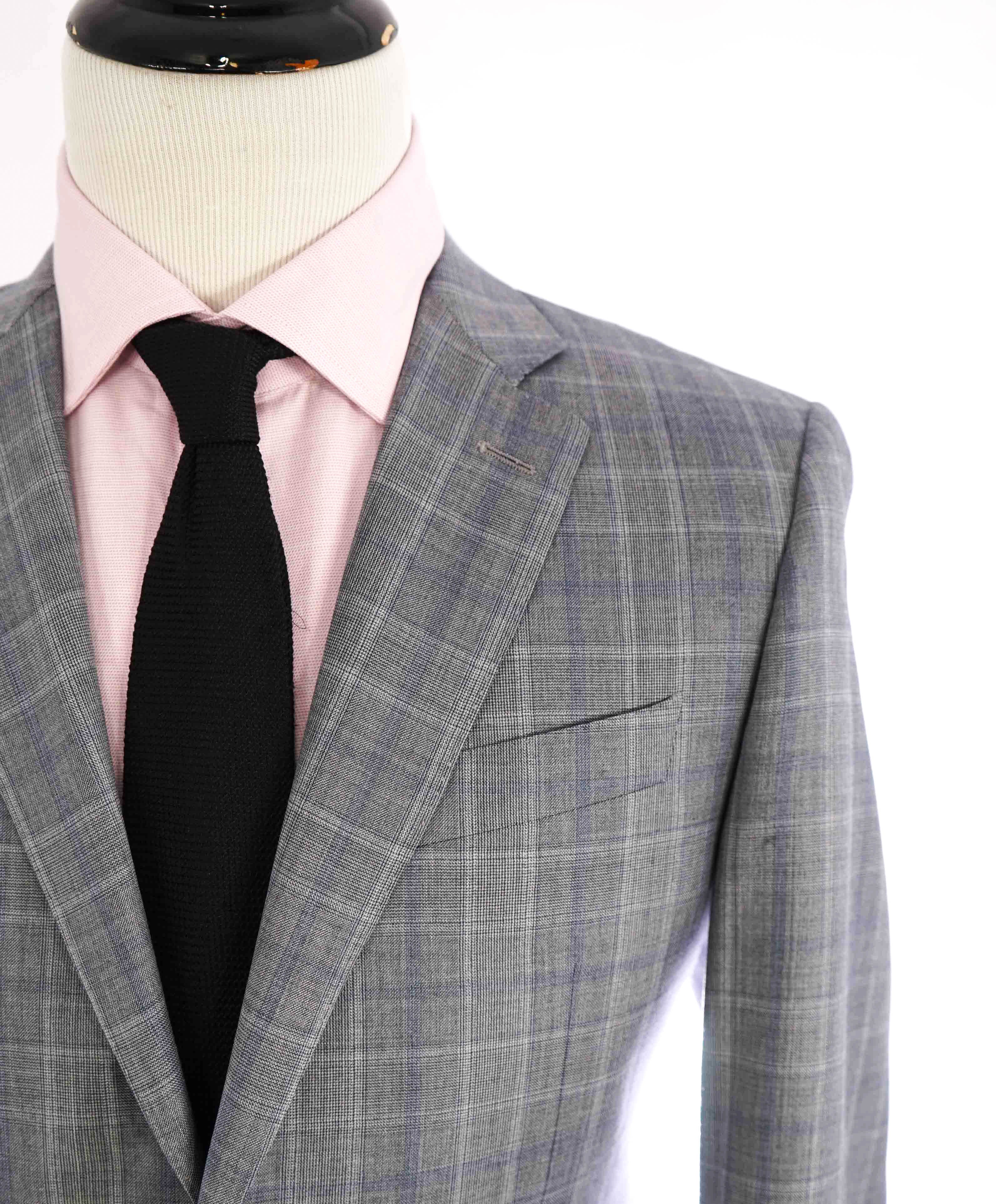 $1,895 CANALI - Gray & Blue Check Plaid Blazer - 40R