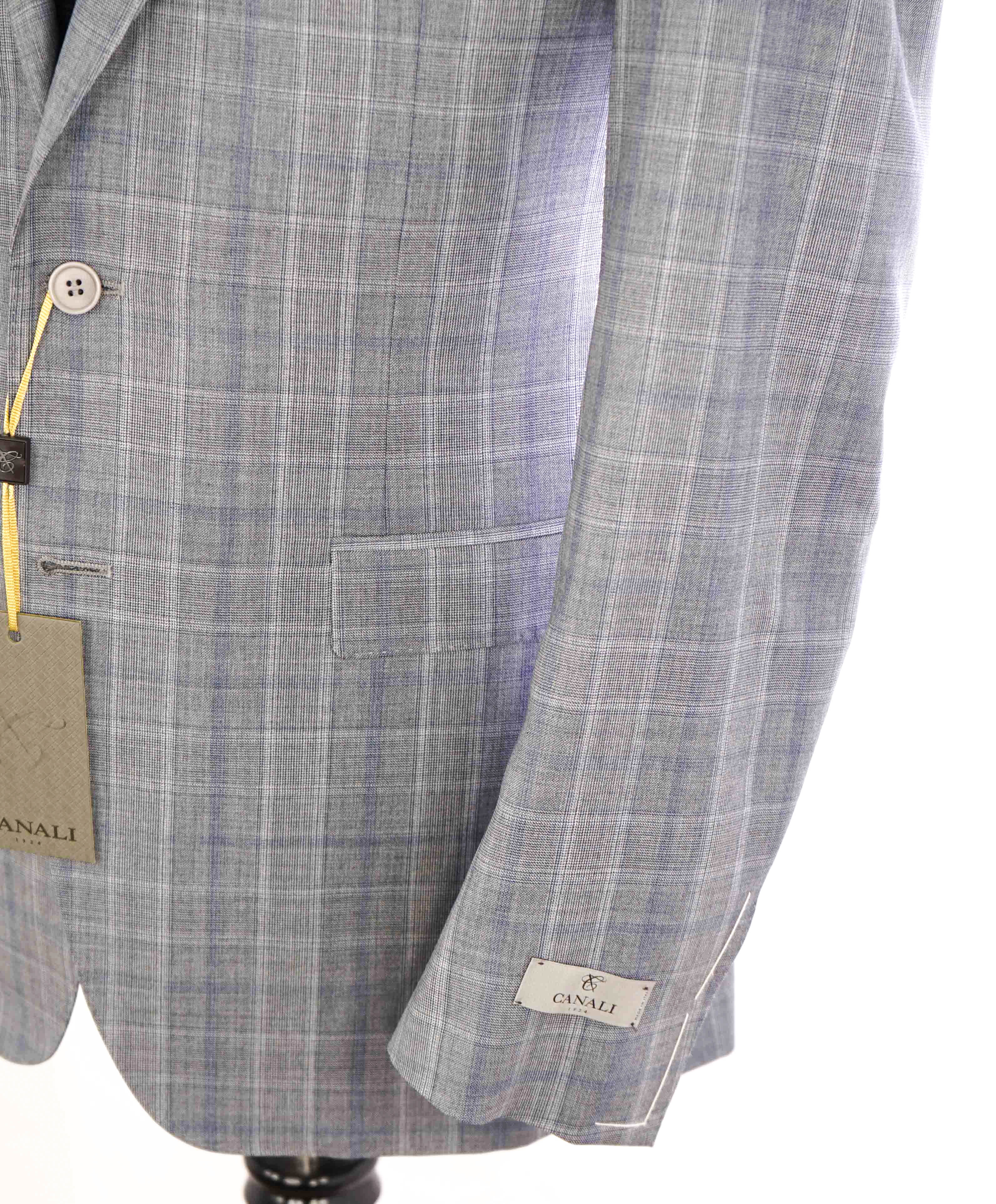 $1,895 CANALI - Gray & Blue Check Plaid Blazer - 40R
