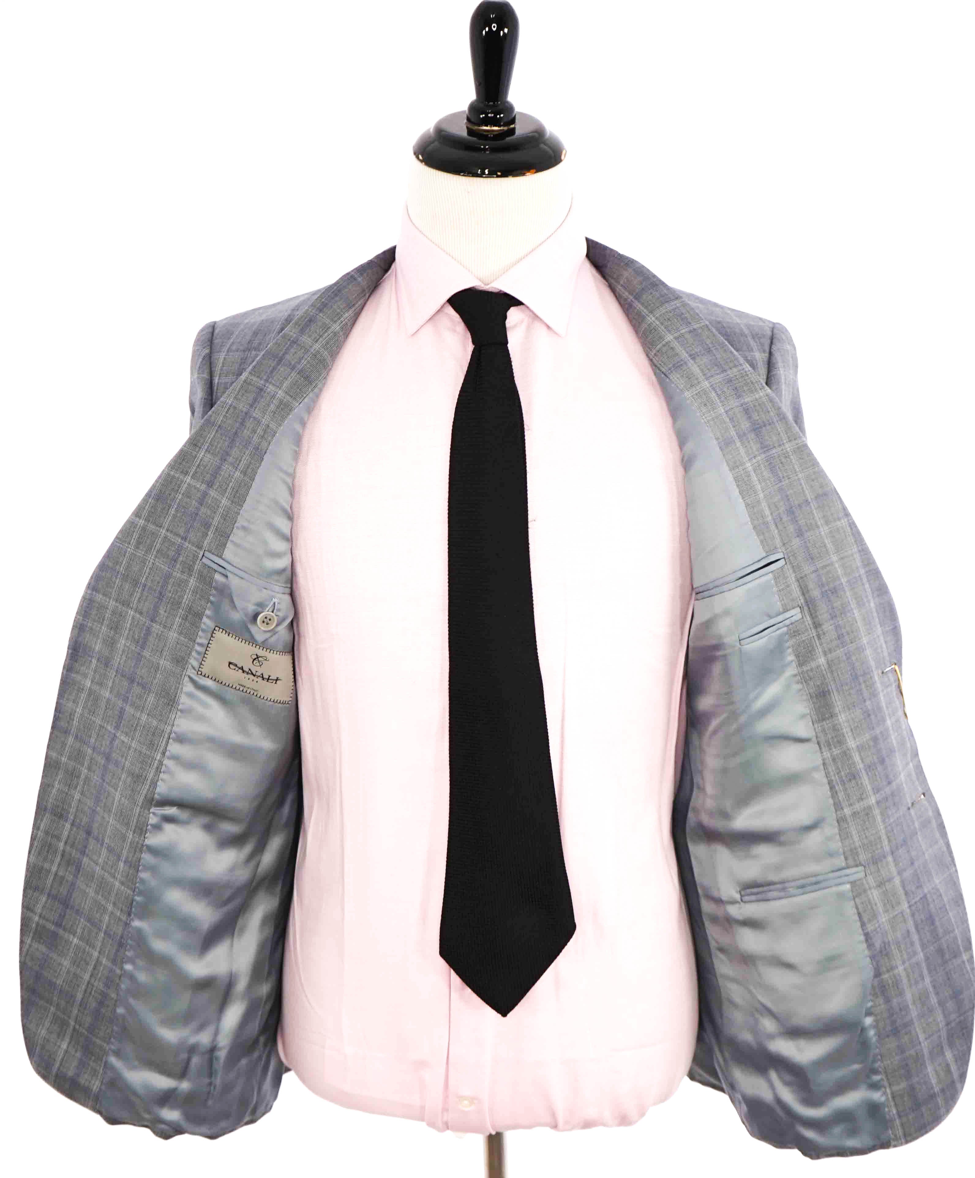 $1,895 CANALI - Gray & Blue Check Plaid Blazer - 40R