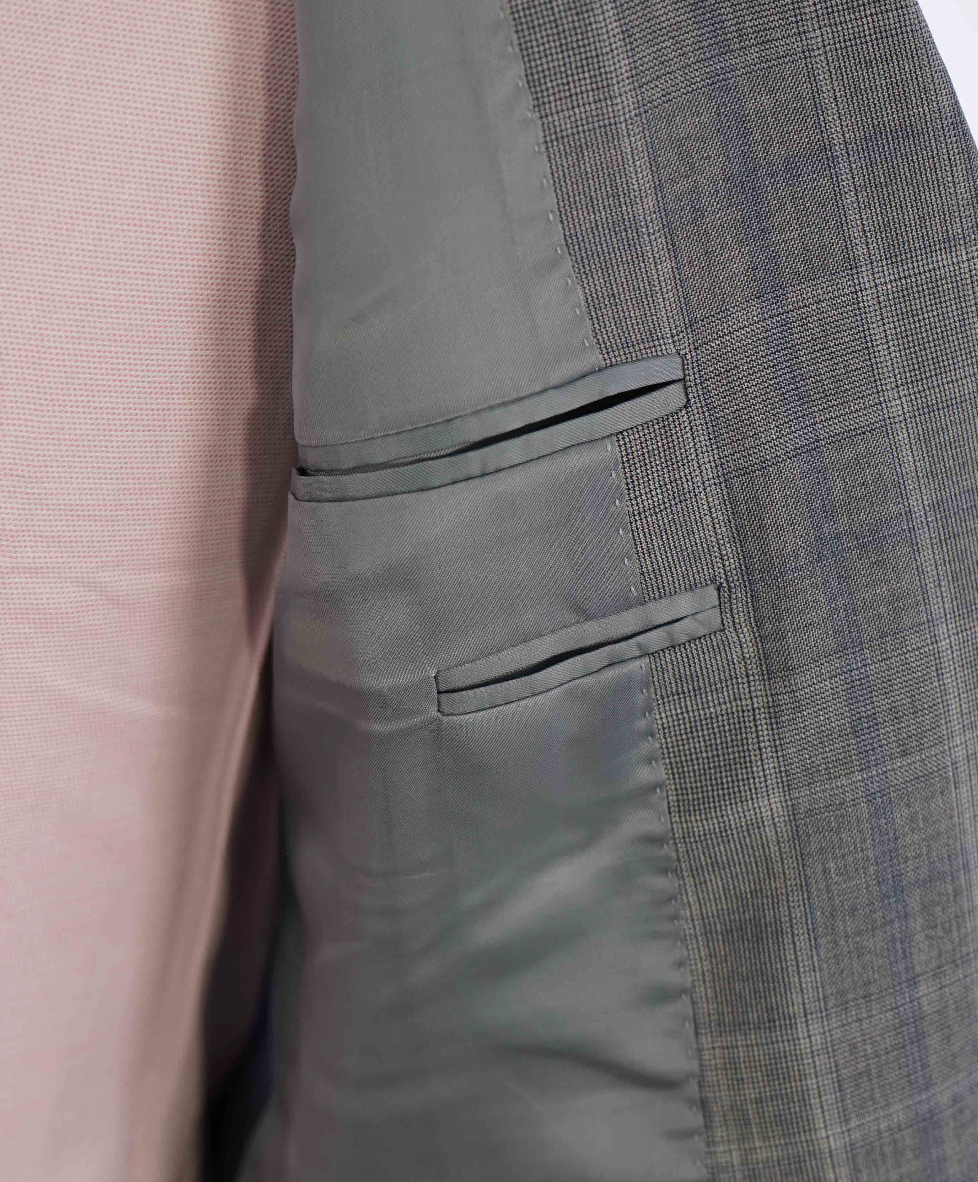 $1,895 CANALI - Gray & Blue Check Plaid Blazer - 40R