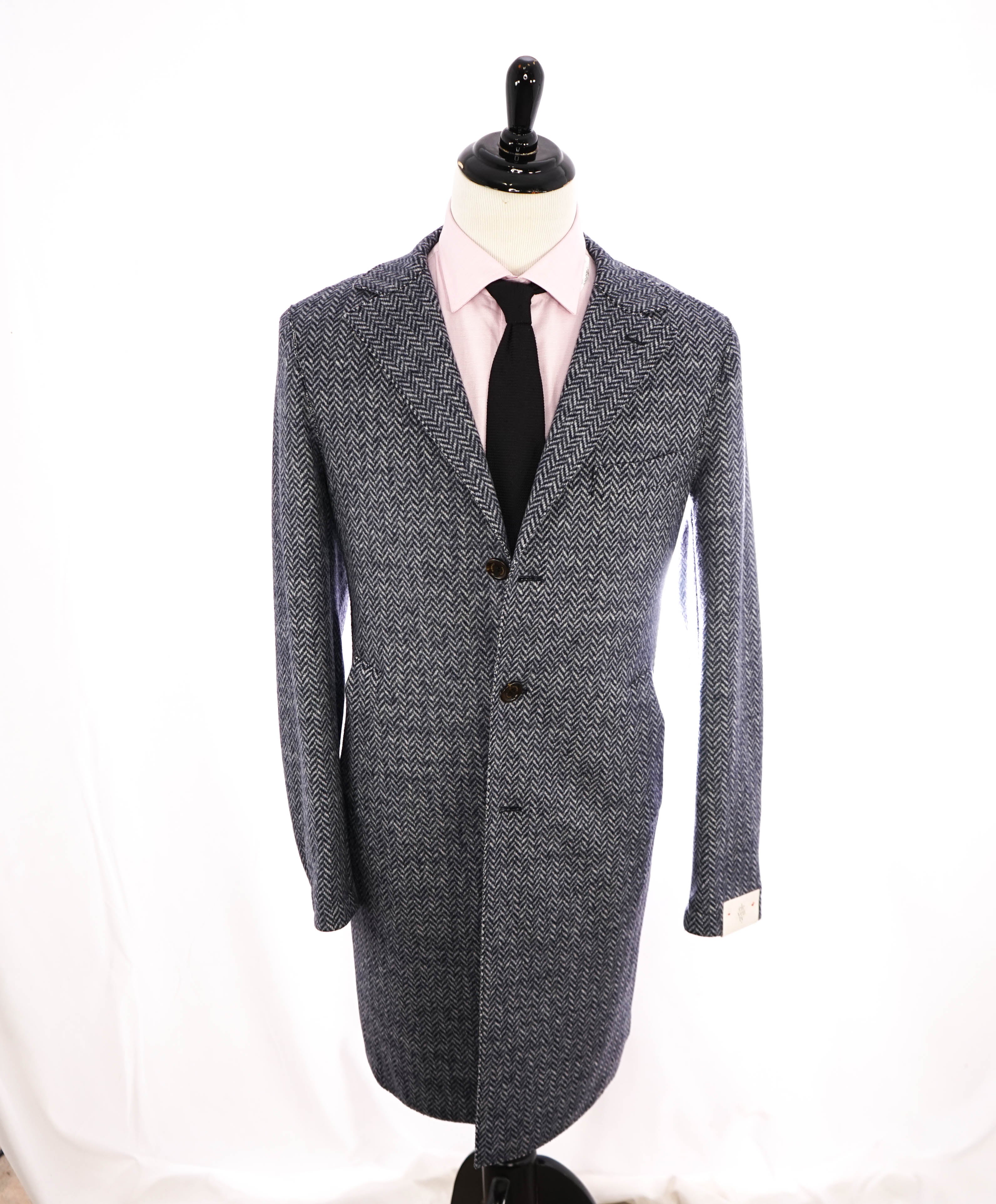 ELEVENTY - Blue Herringbone Suede Detail Logo Button Coat - 48R (58 EU)