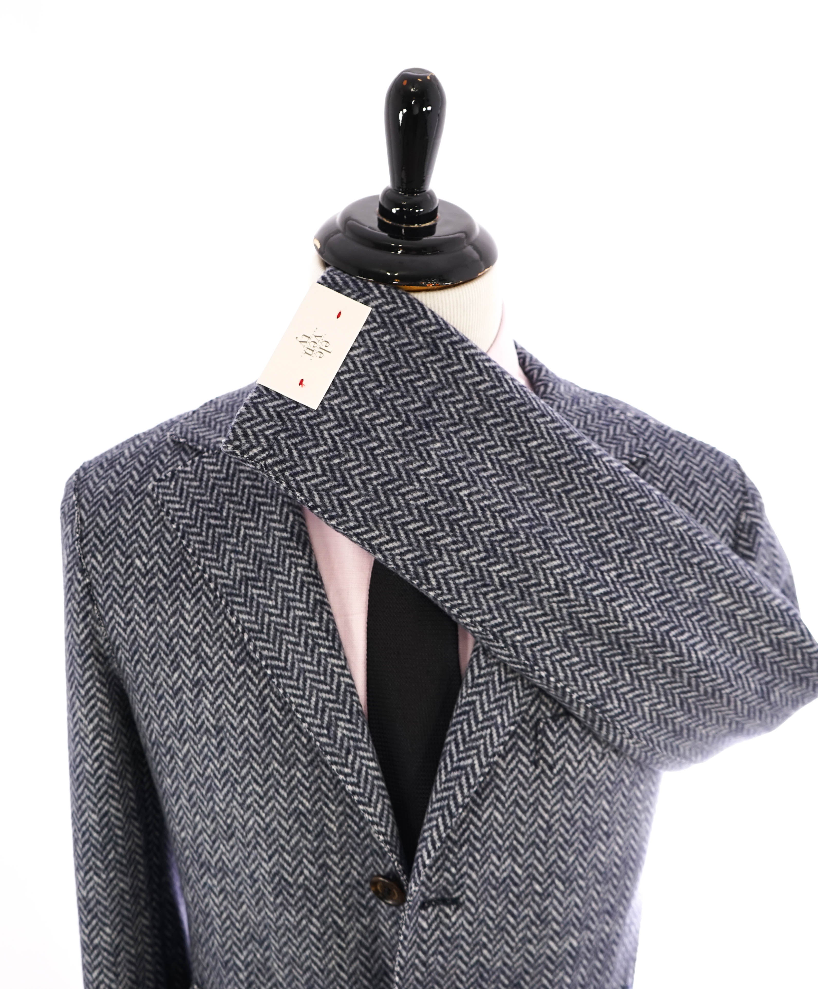 ELEVENTY - Blue Herringbone Suede Detail Logo Button Coat - 46R (56 EU)
